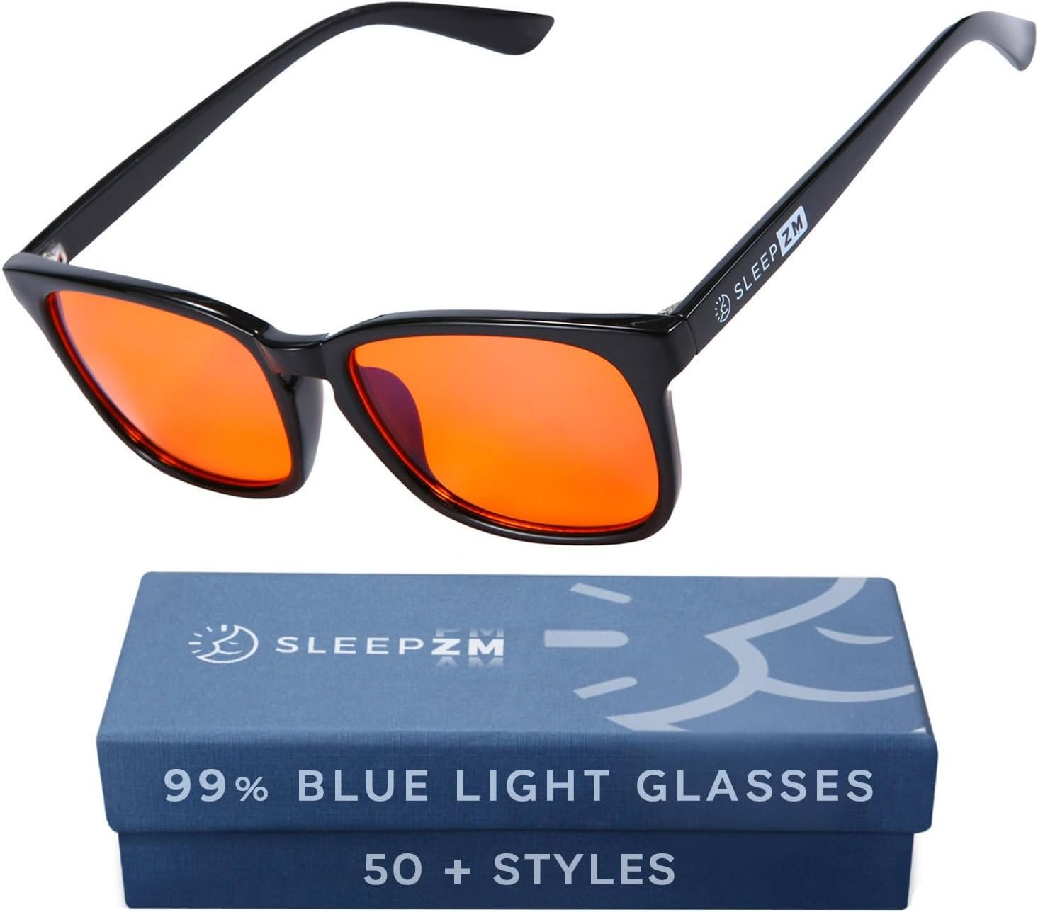 Sleep ZM Blue Light Blocking Glasses for Women + Men – Better Sleep + Anti Eye Strain Protection – Computer Screens & Gaming – Black Wayfarer – 99% Night-time Amber Lens