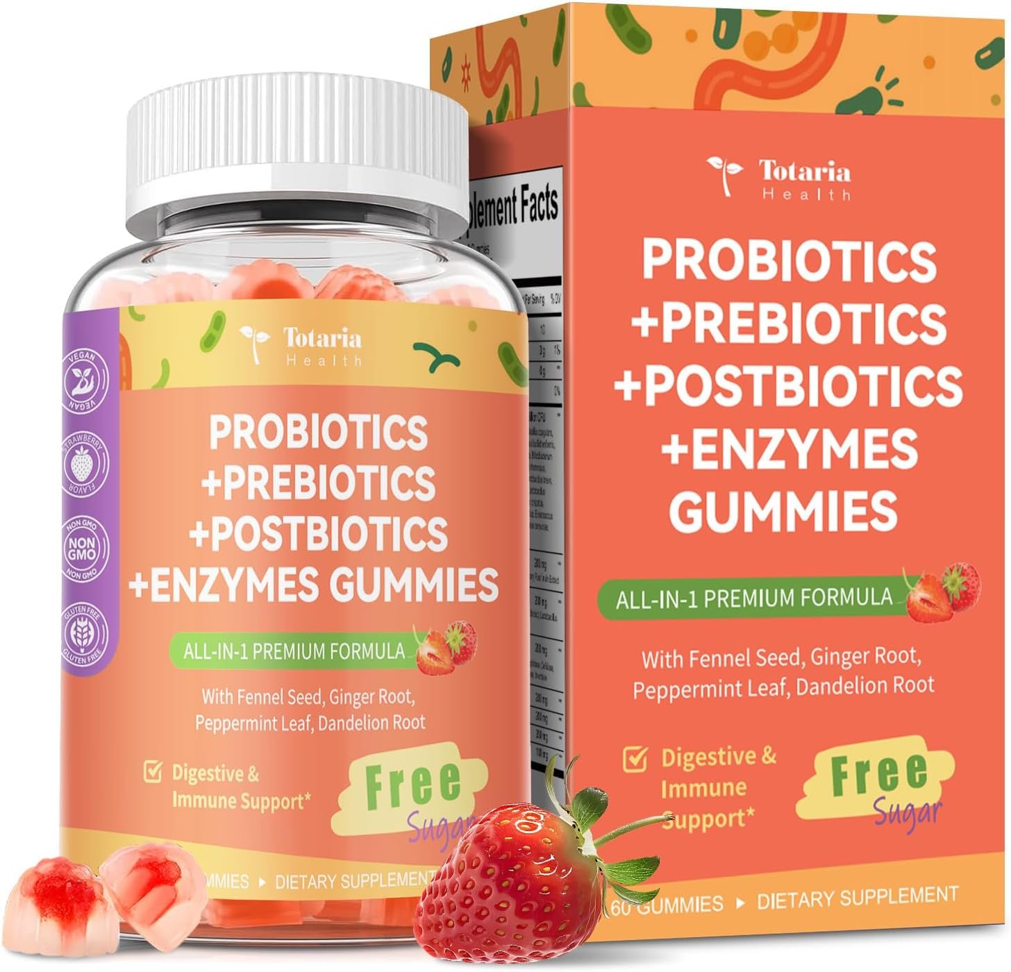 Totaria Sugar Free 5-in-1 Probiotic Prebiotic Postbiotic Gummy, 36 Strains Probiotics for Women Men with Digestive Enzymes, Peppermint, Complete Immune, Gut & Digestive Support, Vegan, 60 Counts