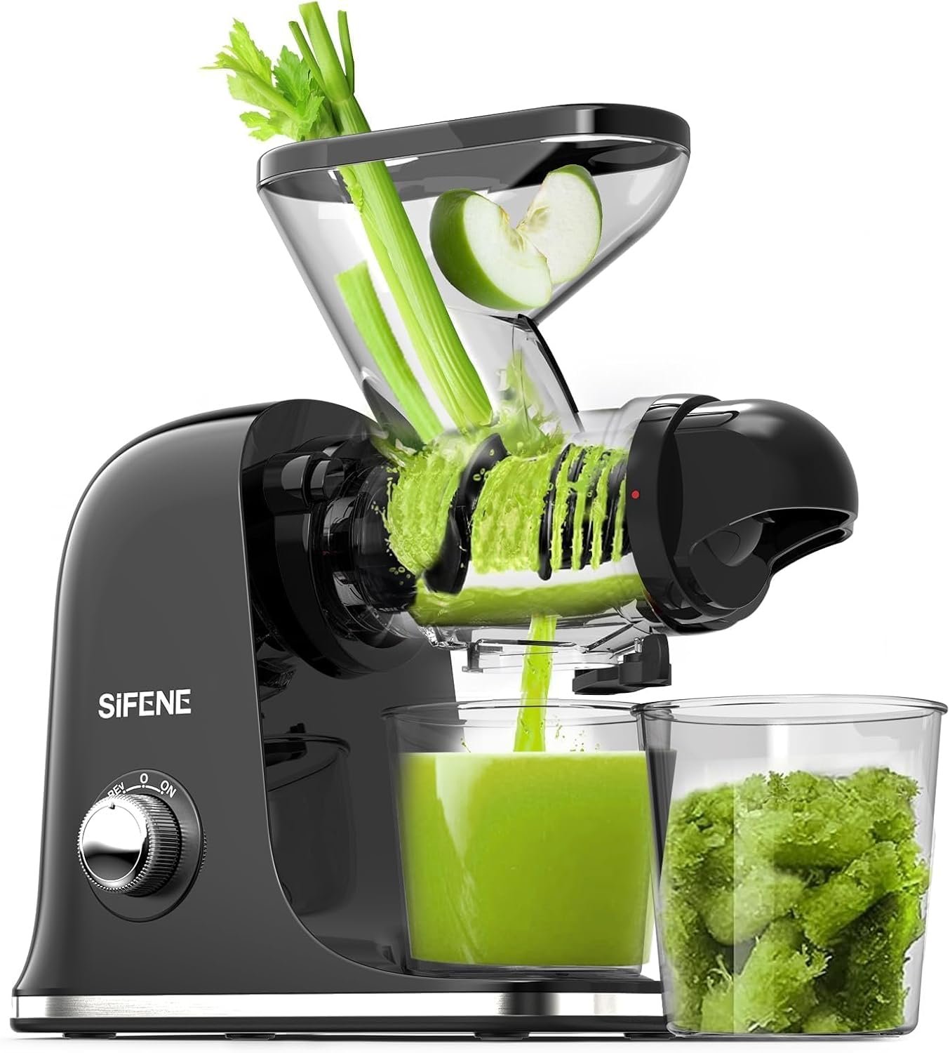 SiFENE Quiet Cold Press Juicer Machine, Compact Single Serve Slow Masticating Juicer, High-Yield Vegetable and Fruit Juice Maker, Easy to Clean, Non-BPA, Black