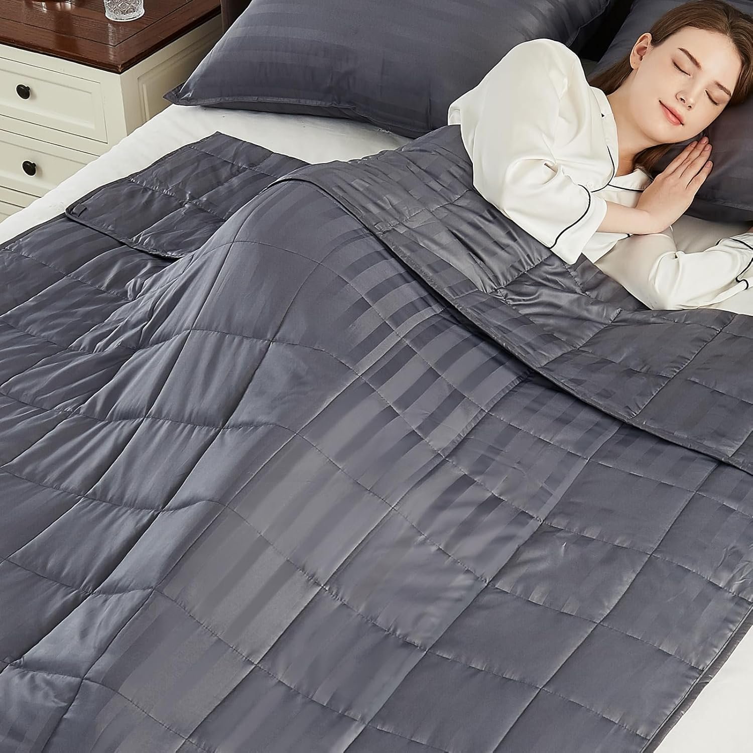 Weighted Blanket Queen Size (60″x80″ 20lbs),Ultra Soft and Cozy Cooling Weighted Blanket Queen Size for Adult,Heavy Blanket with Machine Washable Soft Blanket, Stripe Grey