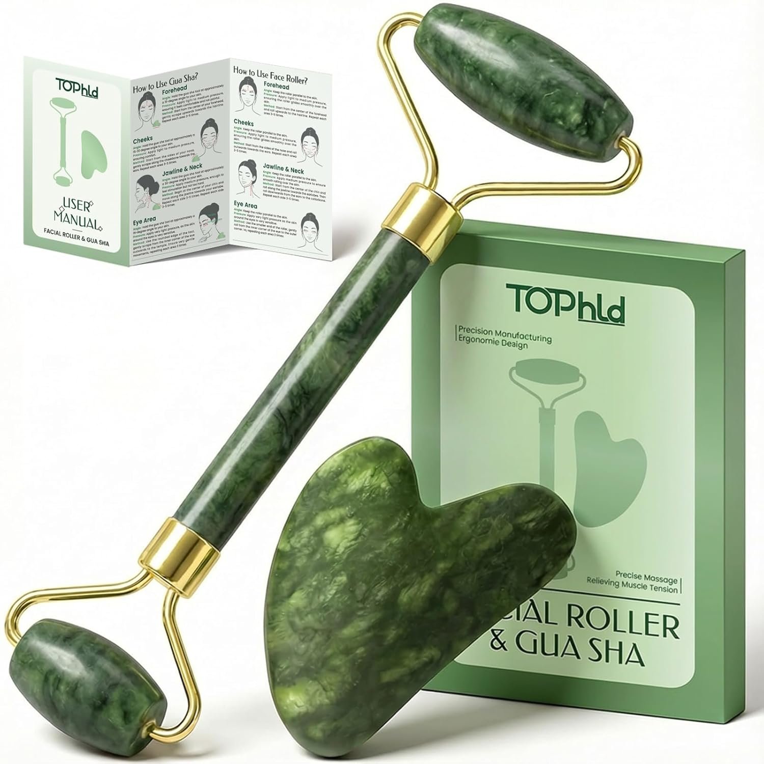 Face Roller & Gua Sha Facial Tools, Face Massager for Self Care, Jade Roller for face, Jawline Sculpting and Puffiness Reducing