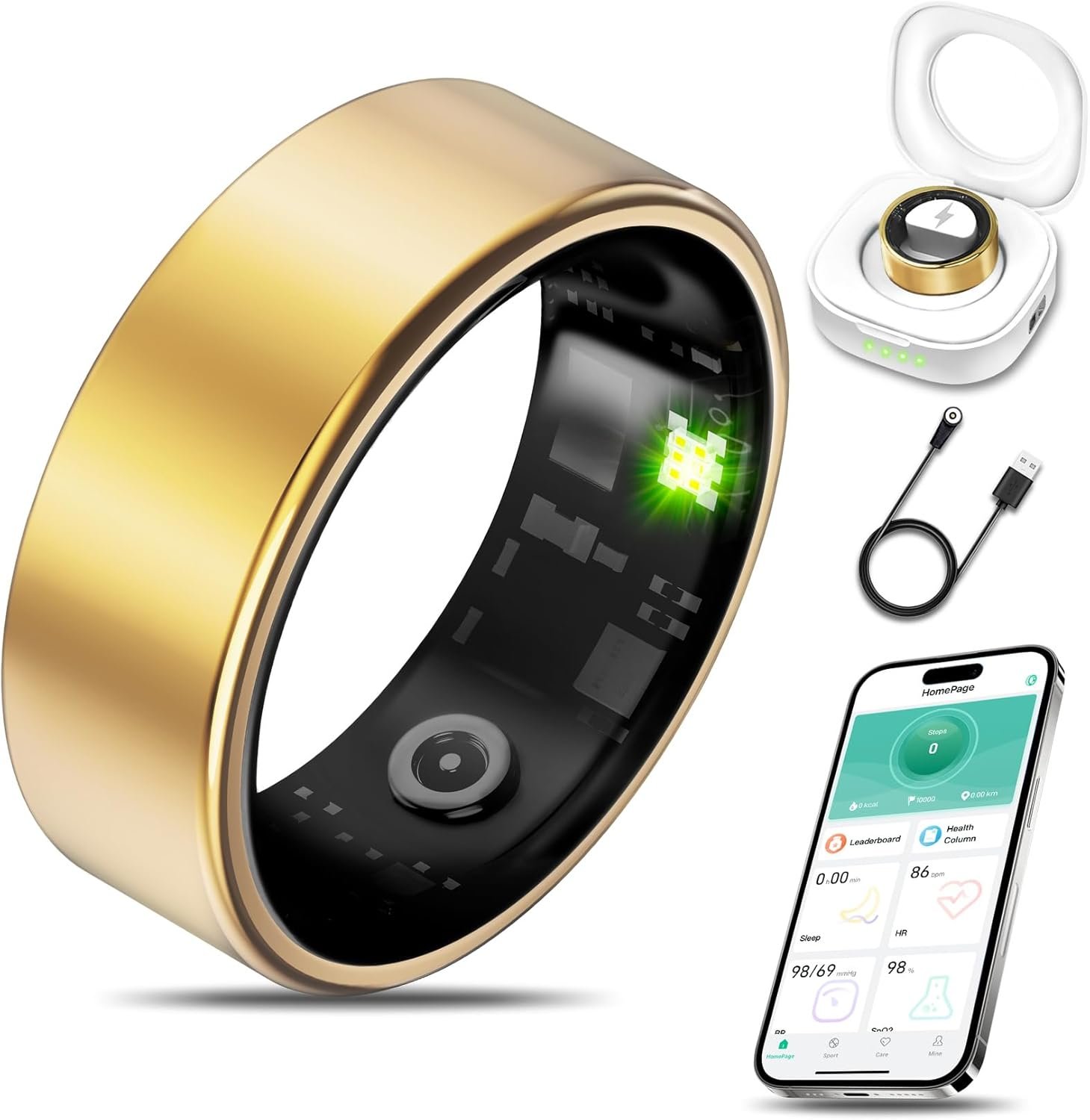 Smart Health Ring for Women Men Fitness Tracker with Heart Rate, Blood Oxygen, Blood Pressure, Sleep Monitoring, Step Counting, IP68 Waterproof for iOS and Android, No APP Fee, Gold 7