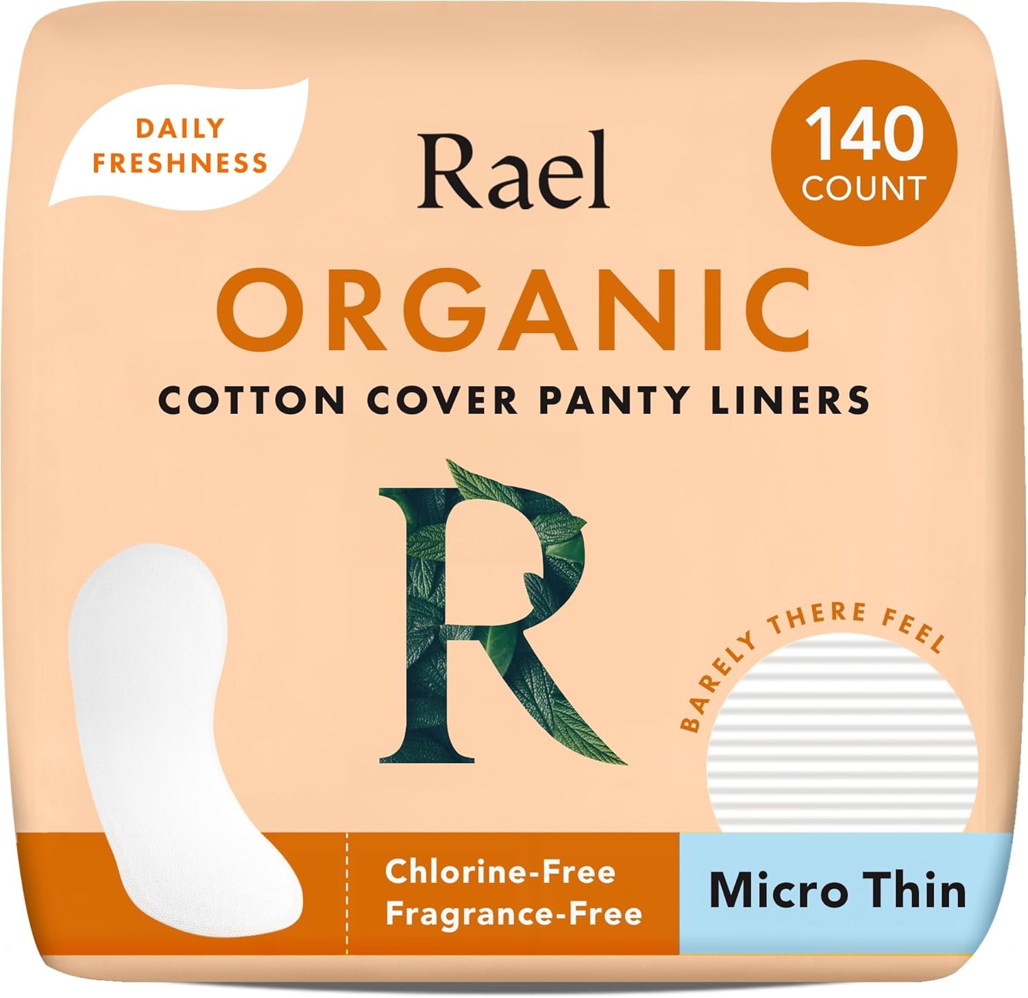 Rael Panty Liners for Women, Organic Cotton Cover – Daily Pantiliners, Light Absorbency, Unscented, Chlorine Free (Micro Thin, 140 Count)