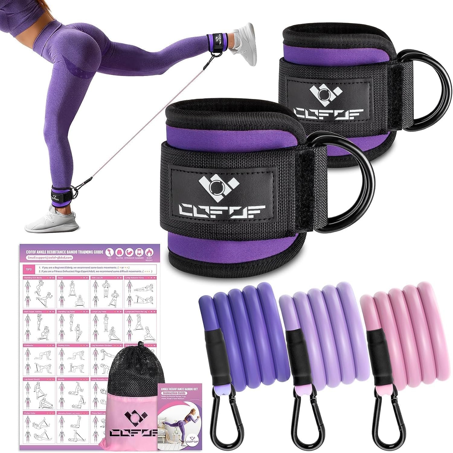 Ankle Resistance Bands with Cuffs, Ankle Bands for Working Out, Kickbacks Hip, Leg Glute Exercise Equipment with Training Poster, Resistance Workout Equipment for Women