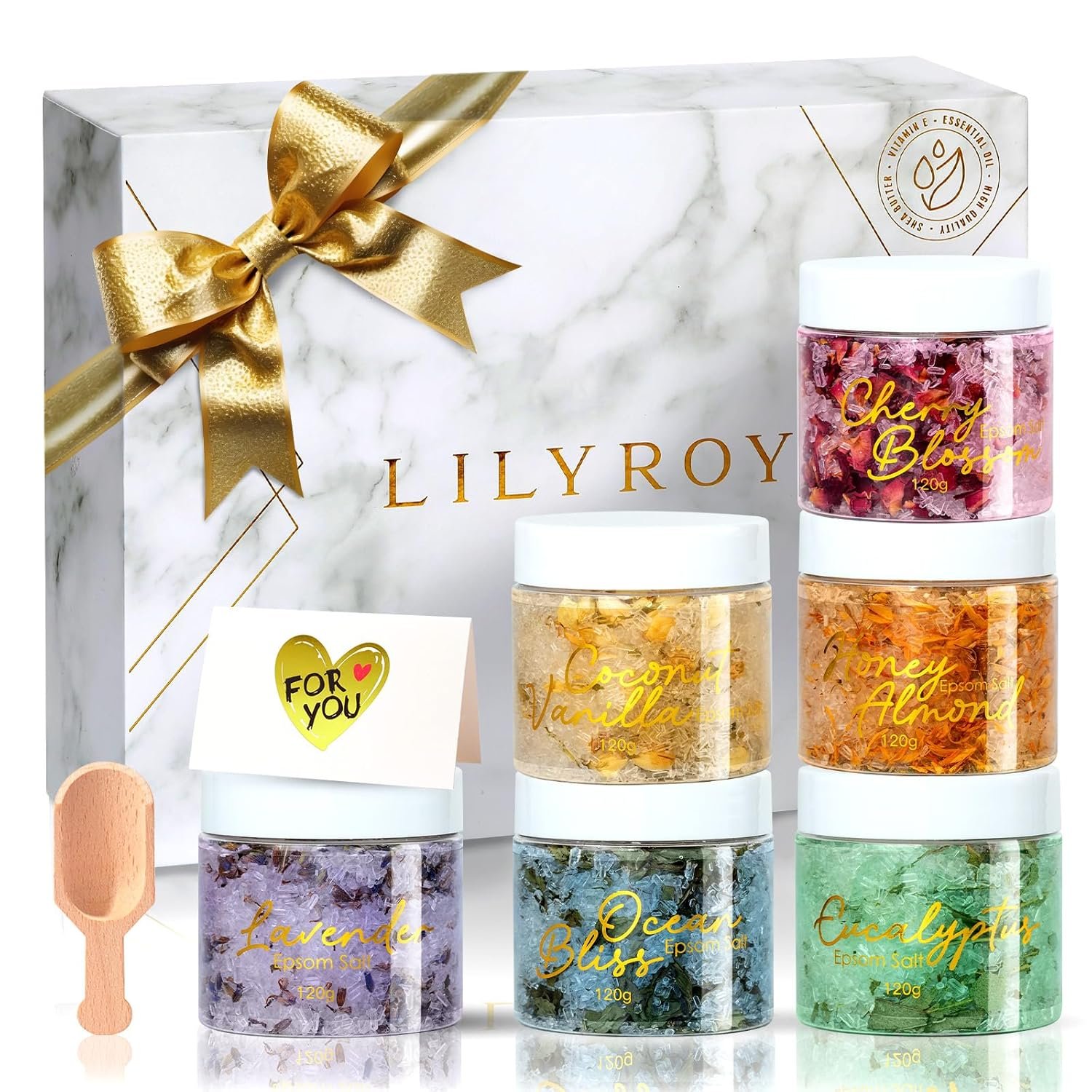 Gifts for Women & Men, Birthday Gifts – 9-Piece Floral Epsom Salt Gift Set for Women with 6 x 120g Epsom Salt, Bath and Body Gift Set in Elegant Box | Christmas, Mothers Day, Valentines Day for Her