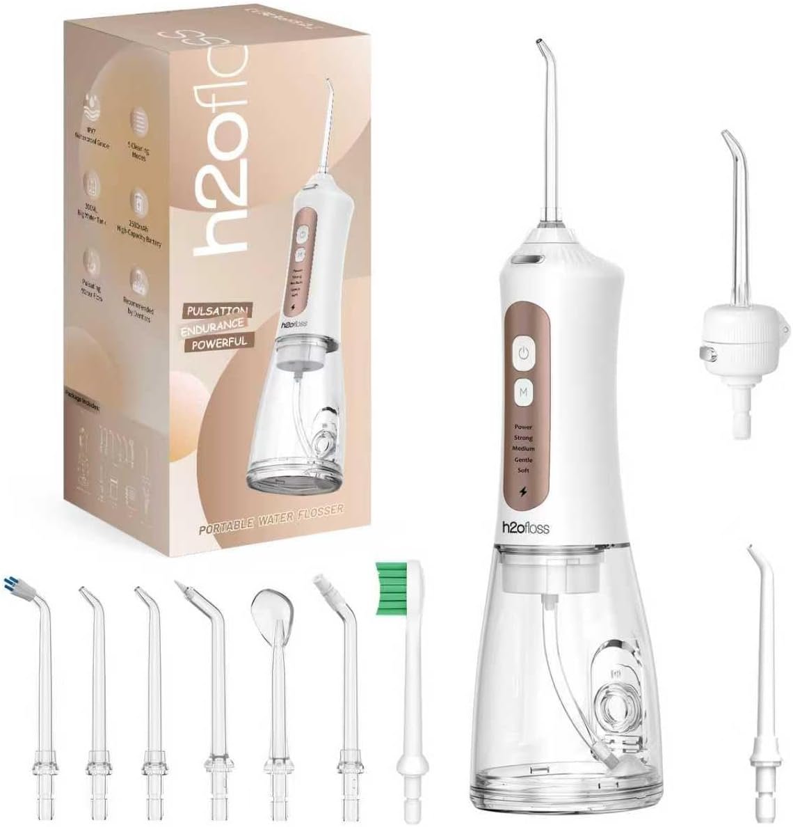 H2ofloss Cordless Water Flosser with 30 Freshening Tablets – 5 Modes, 2500mAh Rechargeable, 300ml Tank, IPX7 Waterproof, Portable for Braces & Teeth, Travel-Friendly