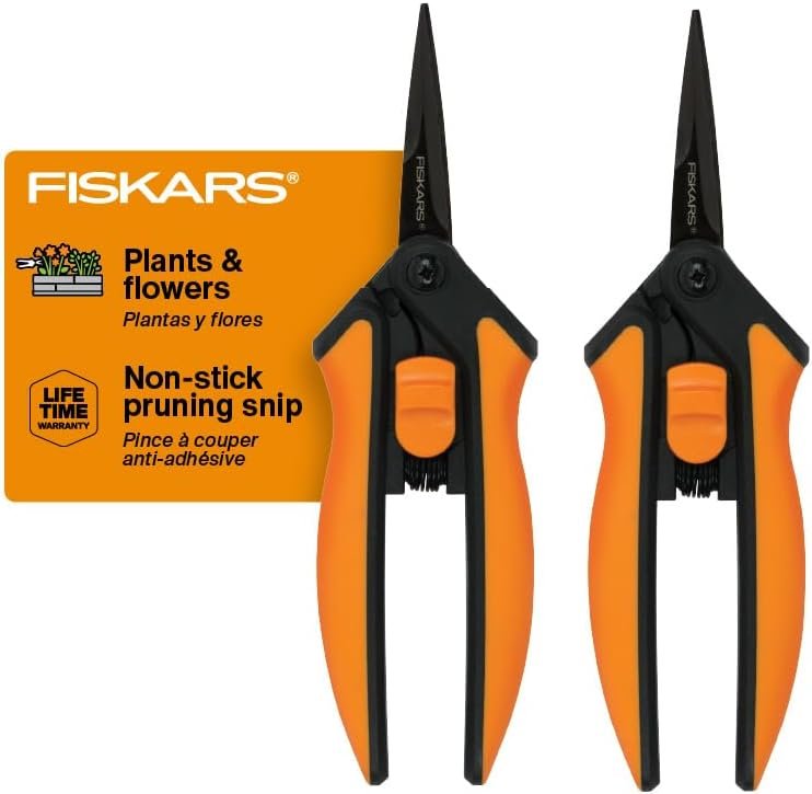 Fiskars 6″ Pruning Scissors (2-Pack) for Flowers, Buds, Weeds and Small Plants, Garden Snips with Resin Resistant Nonstick Stainless Steel Blades, Gardening Trimmers with Comfortable Handle