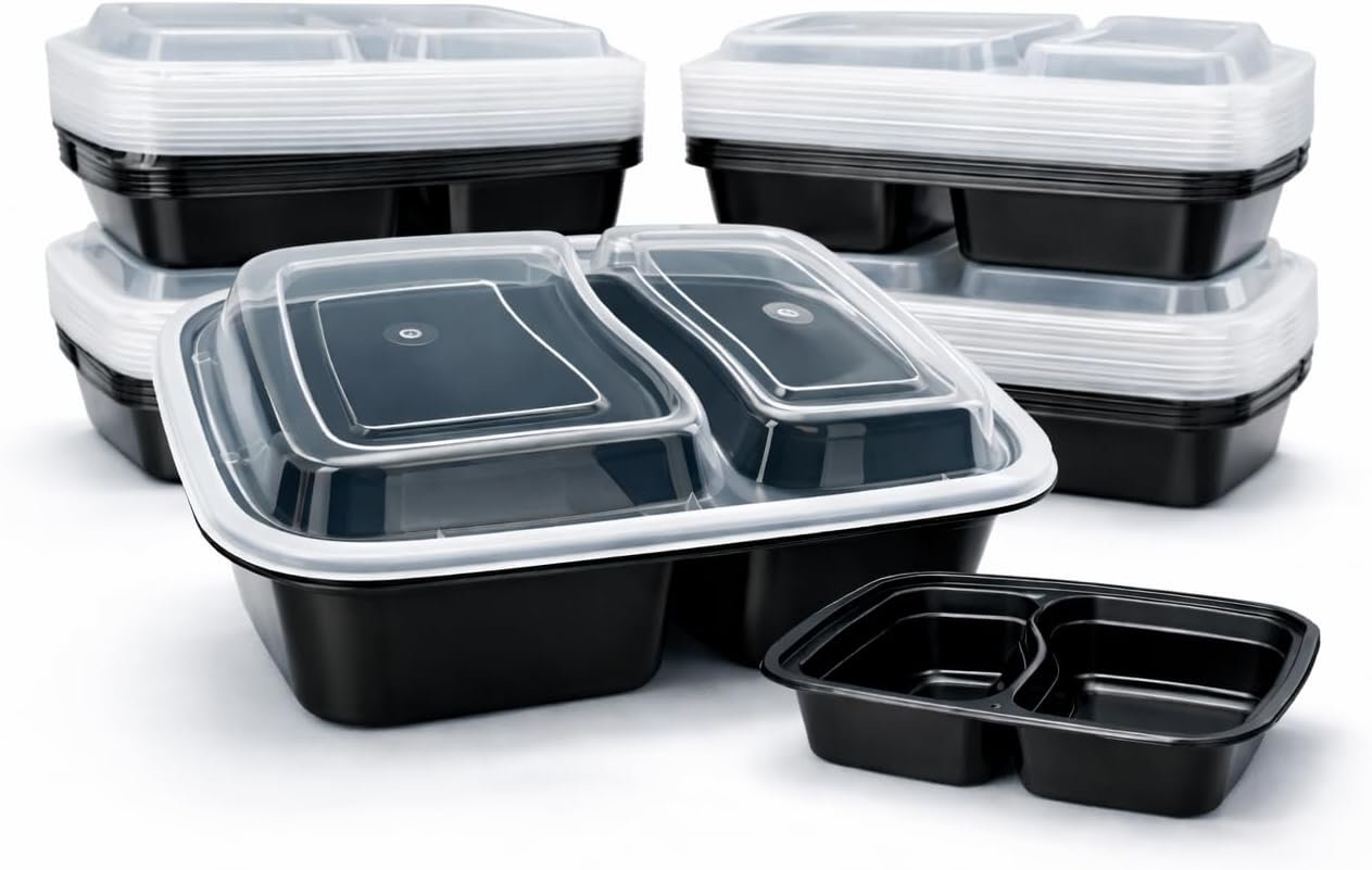 4U’LIFE 28 oz [Pack of 12] 2-Compartment Meal Prep Containers, Bento Boxes With Clear Lids