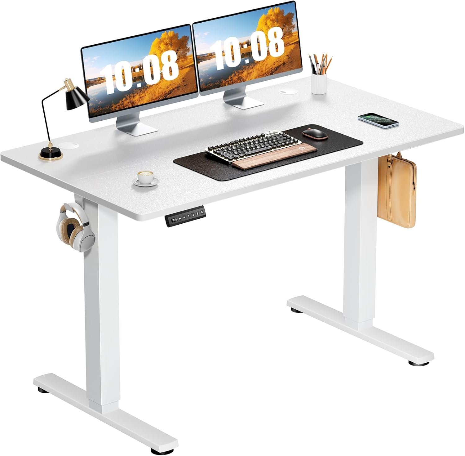 Sweetcrispy Electric Standing Desk Adjustable Height, 48×24 Inch Sit Stand Up Home Office Desks Computer Workstation PC Work Table with 3 Memory Preset Splice Wood Board Metal Frame, White