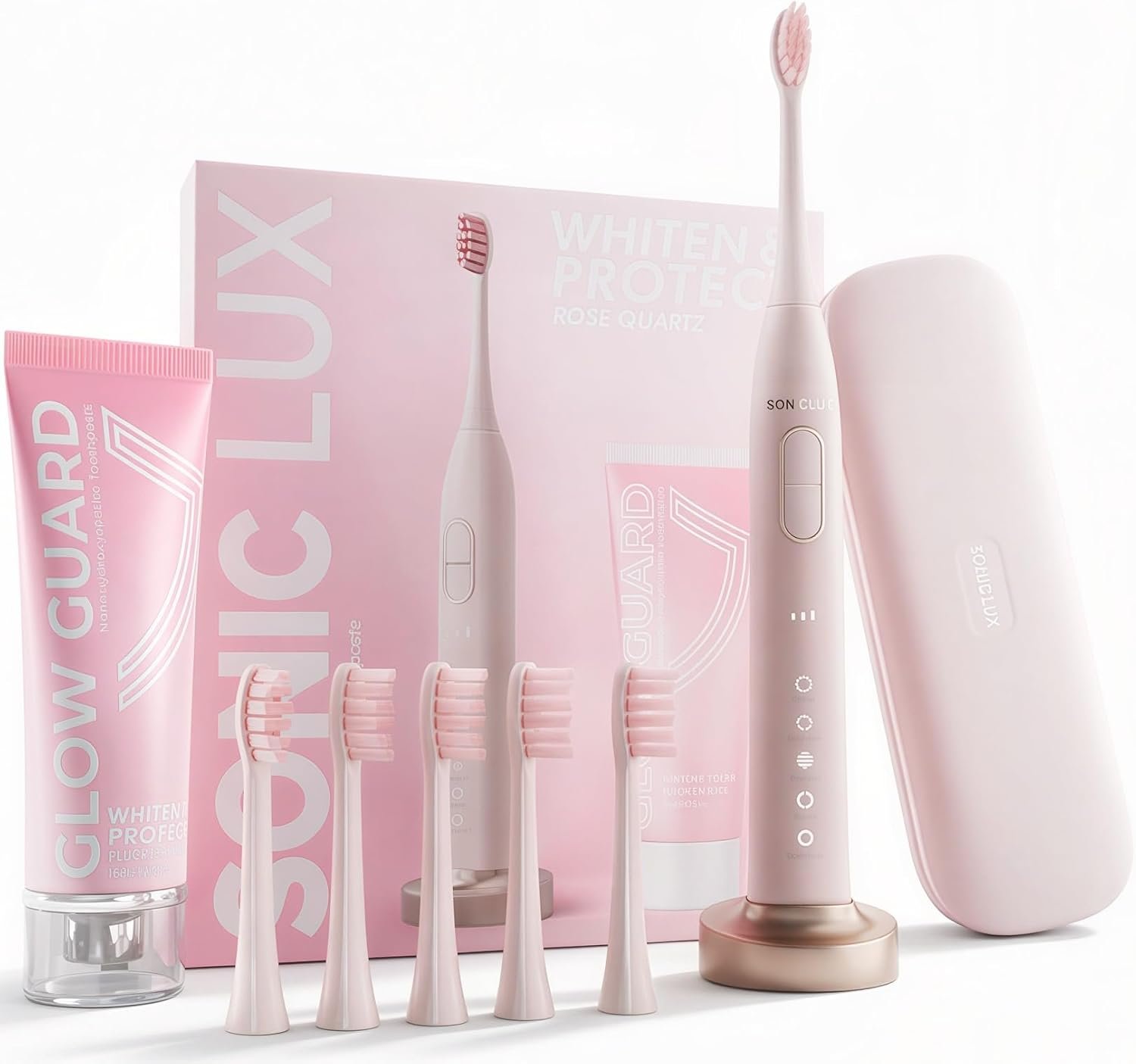 Sonic Lux™ Pink Whitening Electric Toothbrush for Adults – Luxury Rechargeable Sonic Electric Toothbrush With Travel Case with GlowGuard Nano-Hydroxyapatite Whitening Toothpaste & 6 Brush Heads