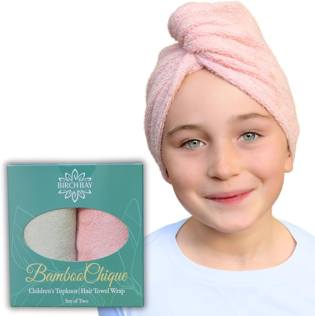 Kids Hair Towel Wrap | 100% Bamboo Viscose |Tailored Small | Essential Hair Drying Wrap for Bath, Beach, Pool and Spa | Hair Accessory for Girls | Set of 2 | Sea Moss Green + Coral Sand