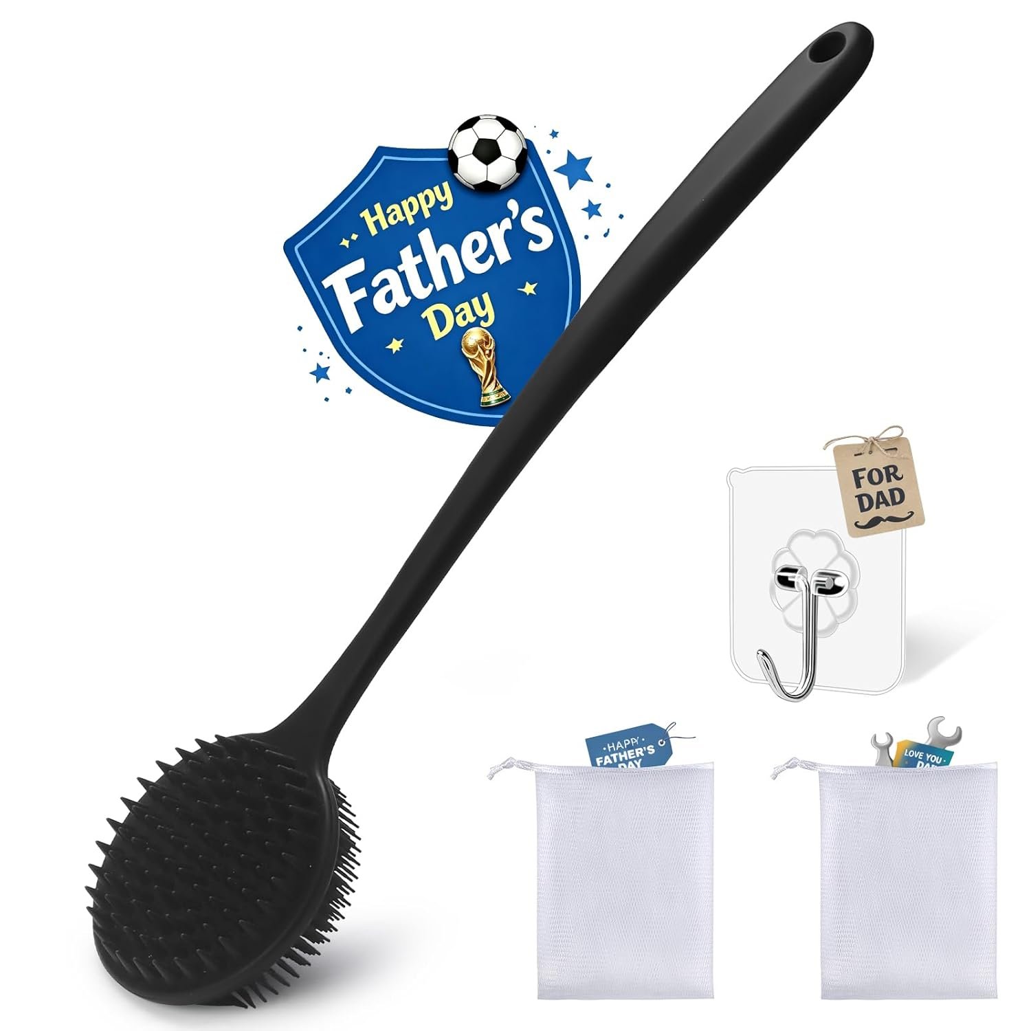 Silicone Body Scrubber for Shower Men Women – Dual-Sided Exfoliating & Massage Shower Brush with Long Handle, Creates Rich Lather, Includes 1 Hook & 2 Lather Balls (Black).