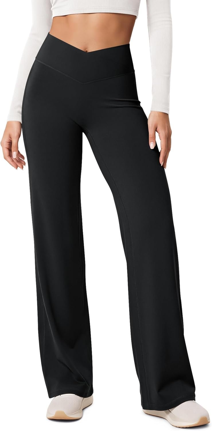 ODODOS Straight Leg Crossover Workout Leggings for Women – No Front Seam High Waist Hidden Scrunch Butt Lifting Yoga Pants