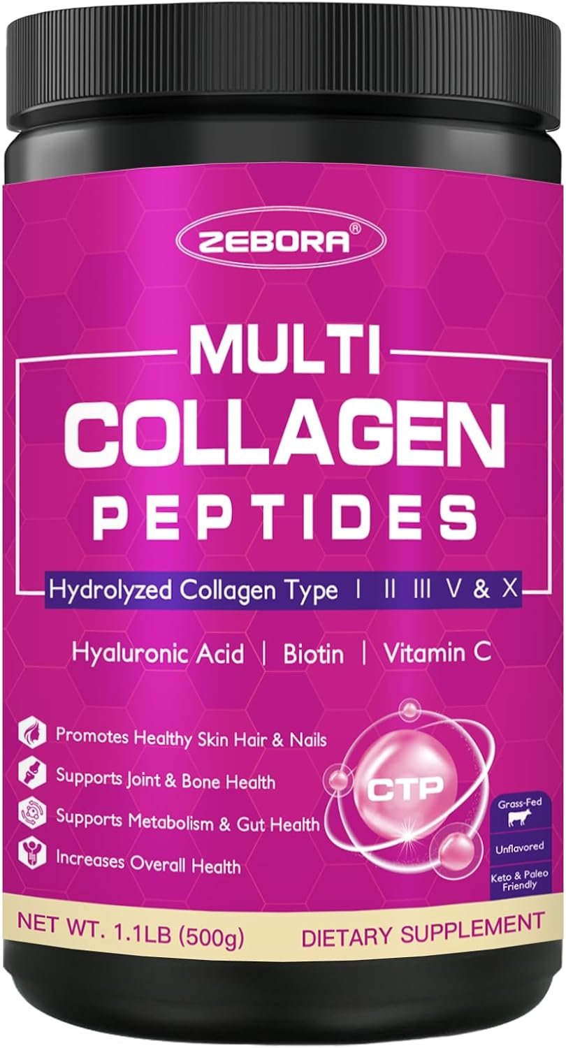 ZEBORA Collagen Peptides Powder 50 Servings – Hydrolyzed Multi Collagen Type I II III V X with Hyaluronic Acid, Biotin, Vitamin C – Support Skin Hair Nail Joints Unflavored, Keto & Paleo Friendly