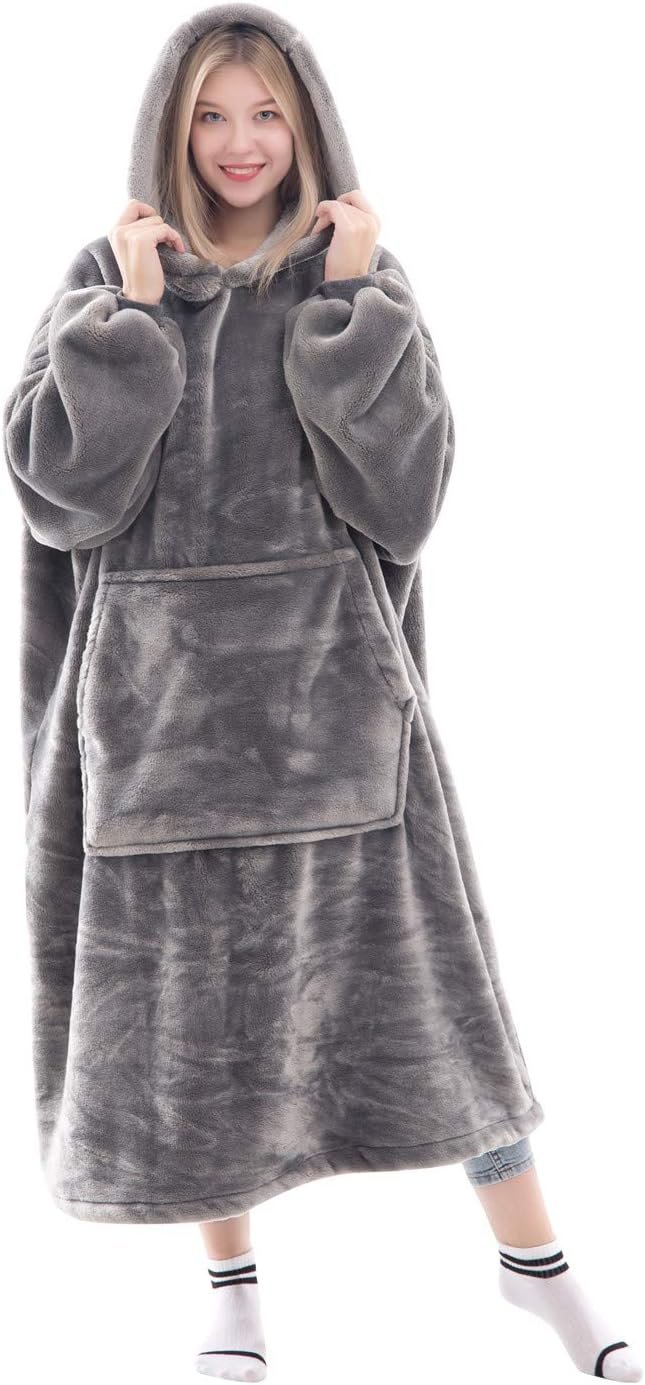 Waitu Wearable Blanket Sweatshirt Gifts for Women and Men, Super Warm and Cozy Giant Blanket Hoodie, Thick Flannel Blanket with Sleeves and Giant Pocket – Gray
