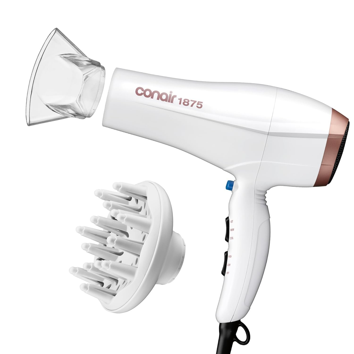 Conair Double Ceramic Hair Dryer with Ionic Conditioning, Includes Diffuser & Concentrator Nozzle, Frizz-Free Blow Dryer for All Hair Types, White, 566DCN