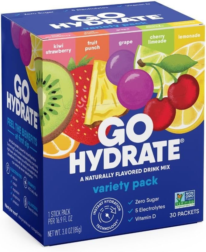 GoHydrate Low Sodium Electrolytes Powder Packets Sugar Free – Instant Hydration Daily Drink Mix – Zero Sugar Water Flavor Packet Singles with Vitamin D – (Variety Pack, 30 Packs)