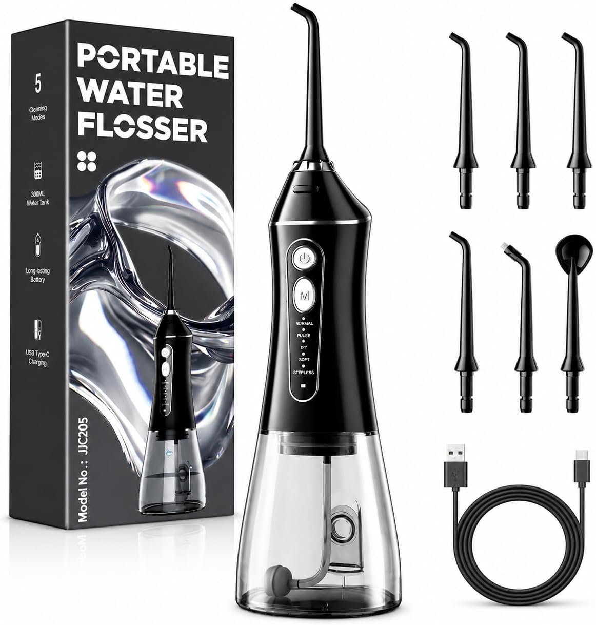 Water Flosser for Teeth Cleaning and Flossing, 5 Modes Rechargeable Cordless Oral Irrigator 320ml Water Tank Teeth Cleaner, IPX7 Waterproof Portable Electric Dentel Flossers for Home and Travel,Black