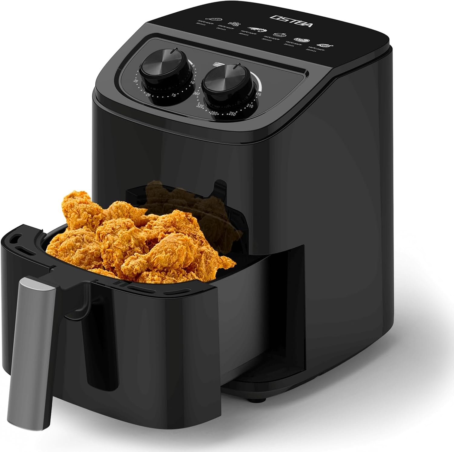 OSTBA 2.5QT Small Air Fryer for 1–2 People, Compact Mini Air Fryer with Dual Knob Temperature & Timer Controls, 6 Cooking Guides, Space-Saving Design, Nonstick Dishwasher-Safe Basket