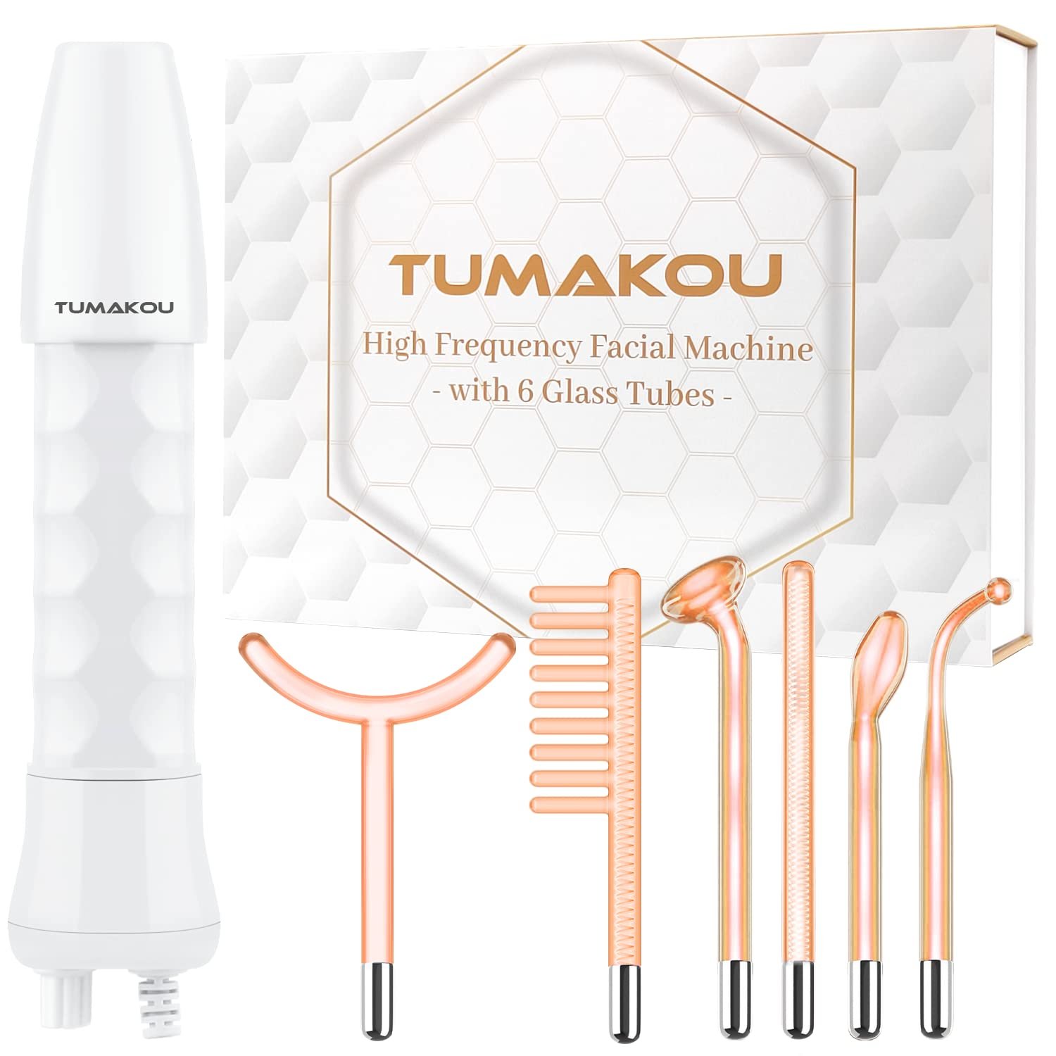 TUMAKOU High Frequency Facial Wand – Orange High Frequency Facial Device Machines for Skin Face Hair – High Frequency Wand with 6 Different Glass Tubes