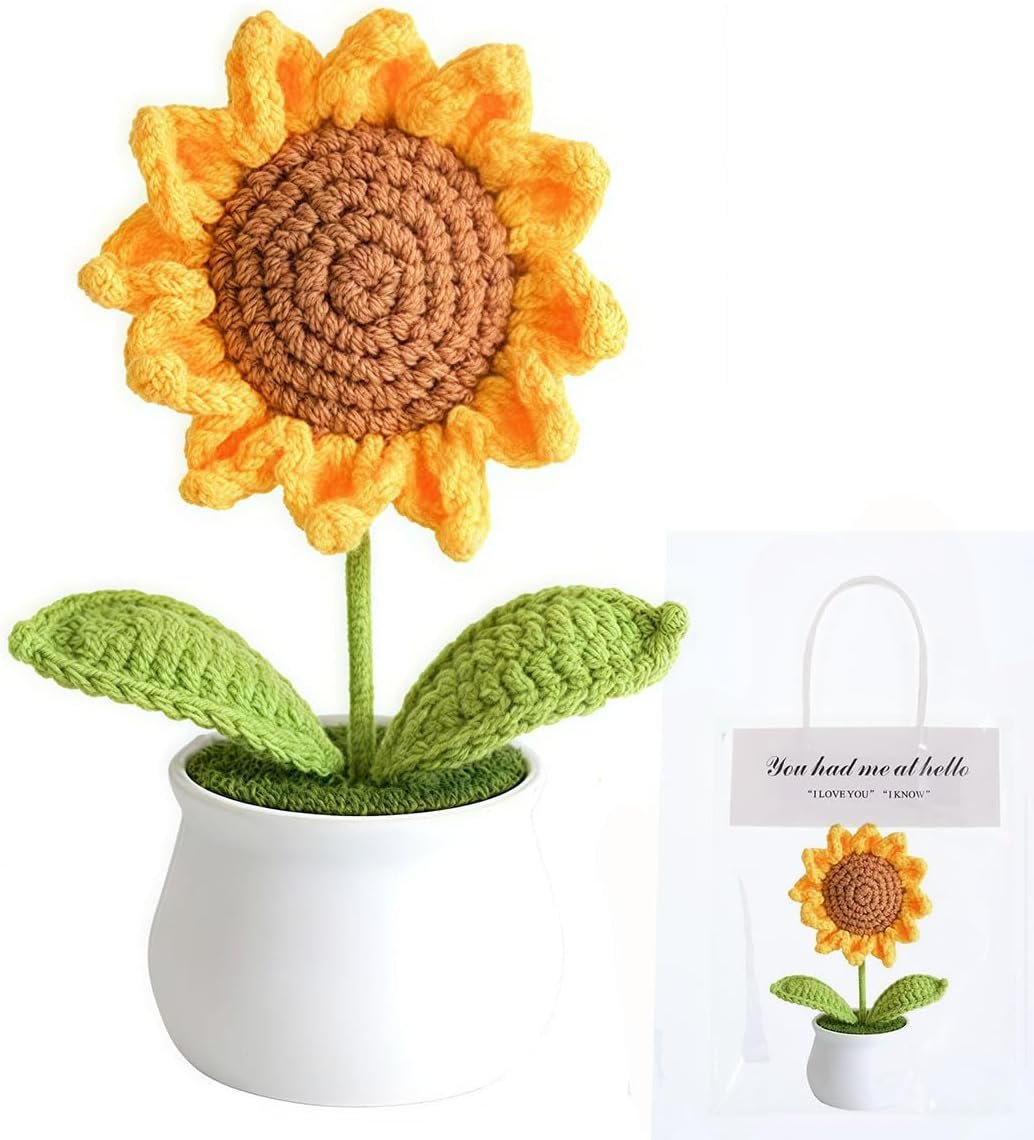 Crochet Flowers Artificial Sunflower for Office Desk Car Dashboard Decor Motivational Gifts for Women Handmade Knitted Flowers Birthday Christmas Party Home Decoration