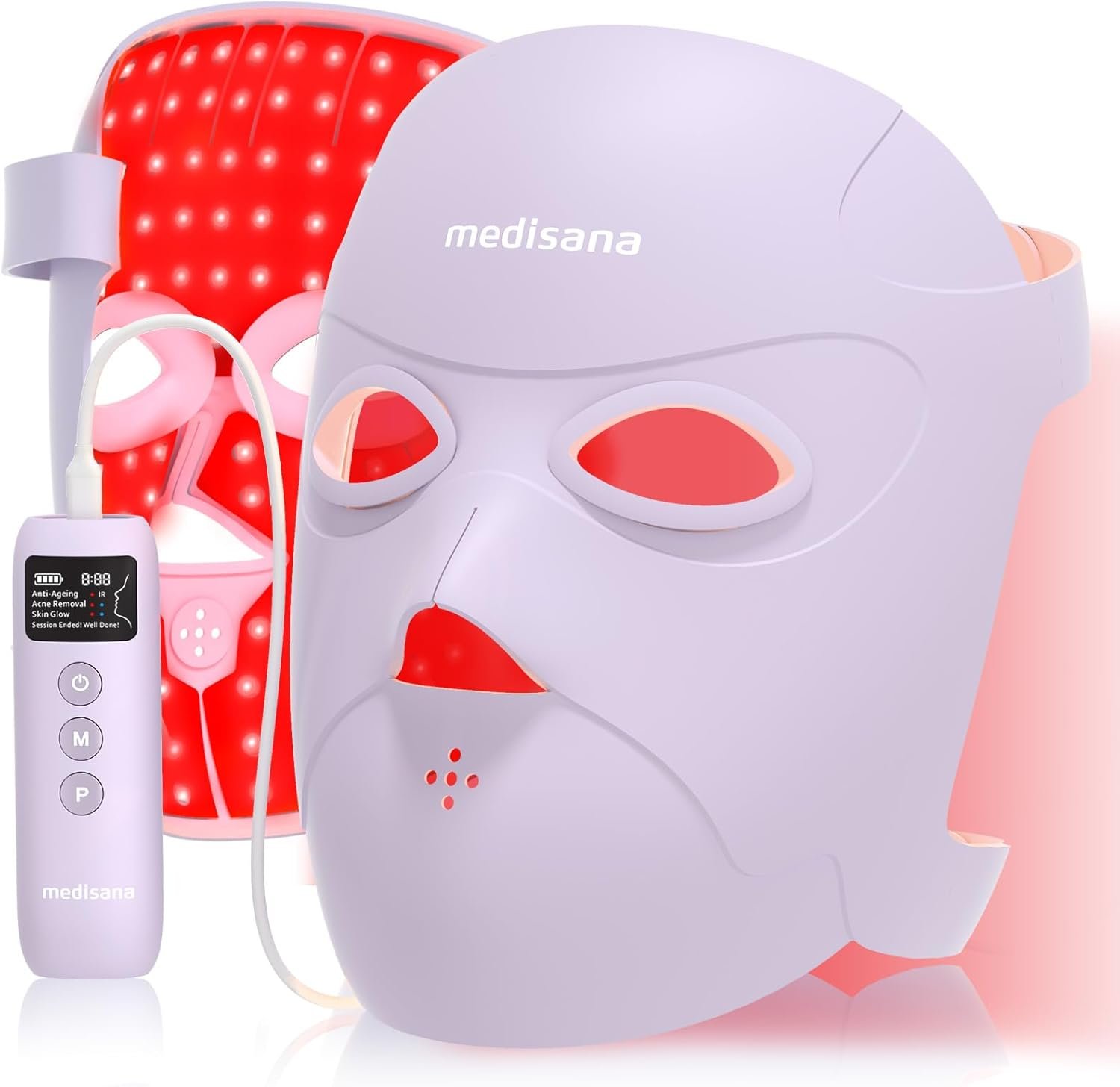 Medisana 3D Red Light Therapy Mask for Face, 336 LEDs Light Therapy Mask with 3 Modes – NIR 830nm, Red 630nm, Blue 415nm – Cordless & Rechargeable LED Face Mask for Home, Skincare Gifts (Purple)