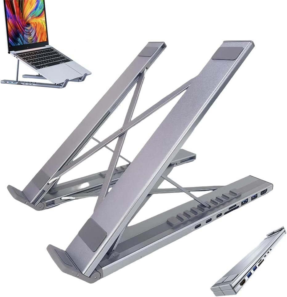 8-in-1 USB-C Laptop Stand & Docking Station – 4K HDMI, 2X USB-A 3.0, 2X USB-C, 100W PD Input, SD/TF Card Reader – Universal for Office & Home
