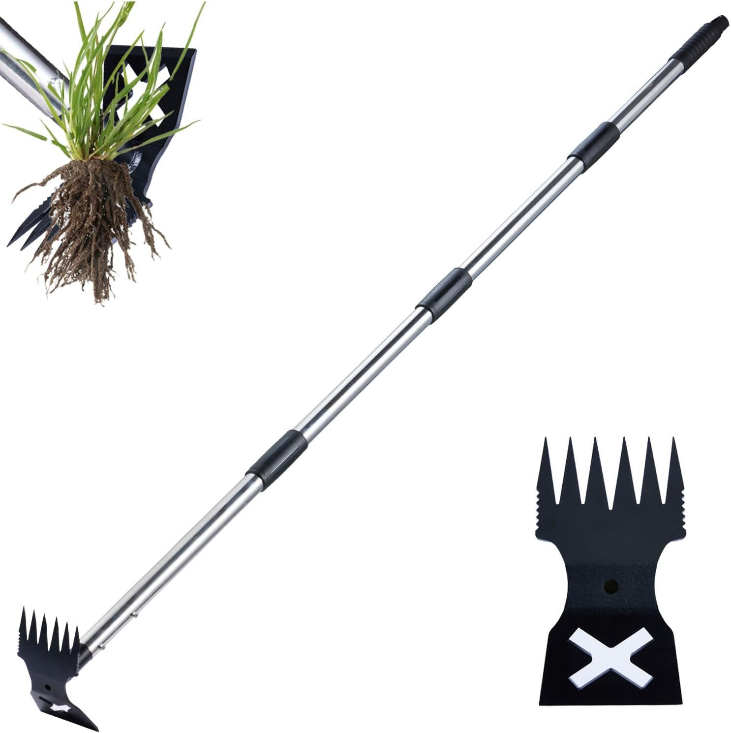 NICOFPHY Weed Puller Tool with Long Handle – 60″ Manual Weeder Remover Tool, 2 in 1 Hand Weed Rake and Garden Hoe for Gardening, Heavy Duty Uprooting Weeding Pull for Yard, Lawn, Patio and Garden
