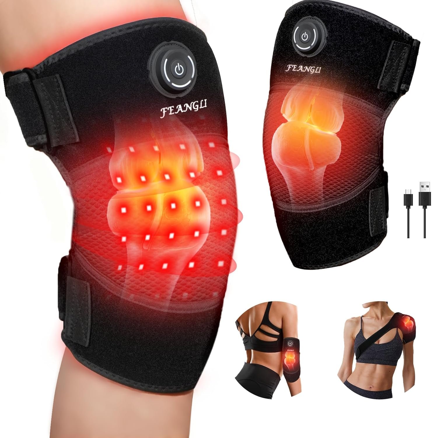 feangli Red Light Therapy Infrared Light Knee Brace Wireless Rechargeable for Knee Shoulder Pain Relief, 660nm & 850nm Infrared Therapy Heated Device for Knee/Shoulder/Joint/Elbow,Gifts for Women Men