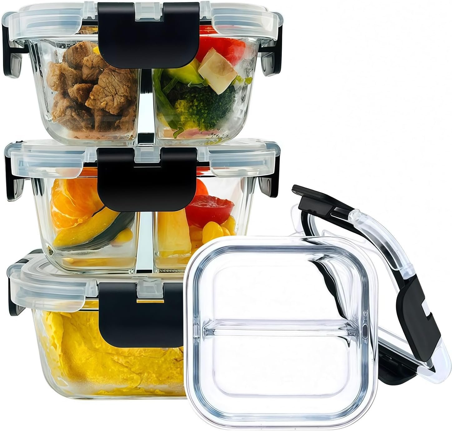 3 Pack Bariatric Meal Prep Containers, 8 oz Glass Bariatric Portion Control Containers with Two 4 oz Compartments, Reusable Lunch Box Bento Box with Lids, Glass Snack Containers with Lids