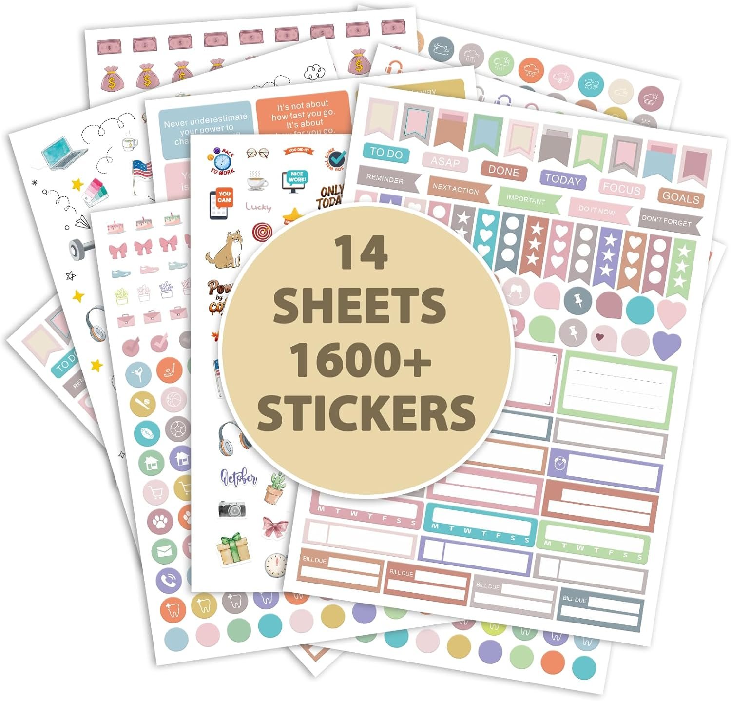 Planner Stickers, 1600+ Motivational & Everyday Essentials Writable Stickers for Journaling Scrapbook, Aesthetic Scrapbook Supplies ＆ Planner Accessories, Calendar Stickers for Women, Adults and School (14 Sheets)