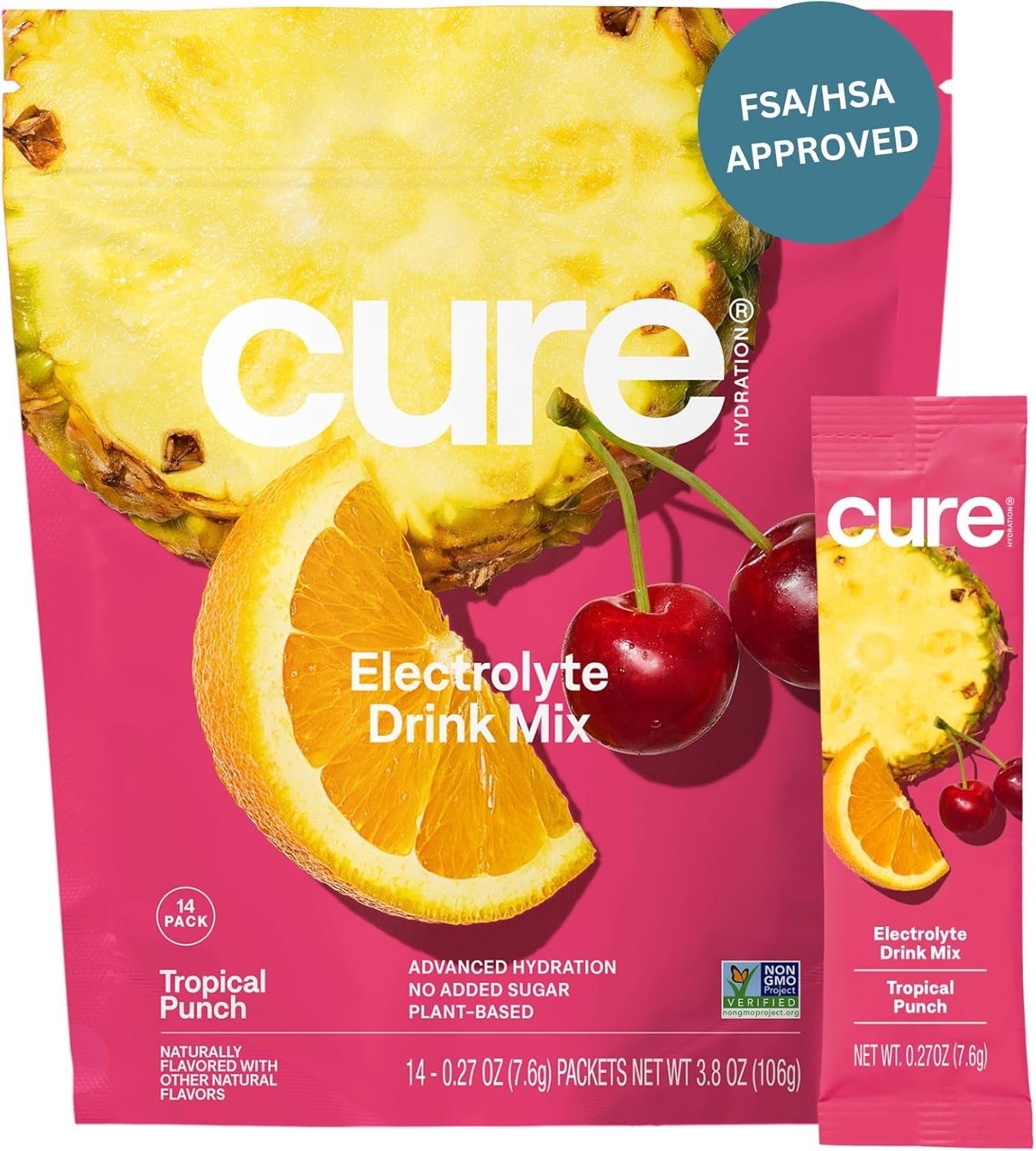 Cure Hydration | Plant-Based Electrolyte Drink Mix | No Added Sugar | FSA-HSA | Dehydration Relief Powder Made with Coconut Water | Non-GMO | Vegan | Pouch of 14 Packets – Tropical Punch