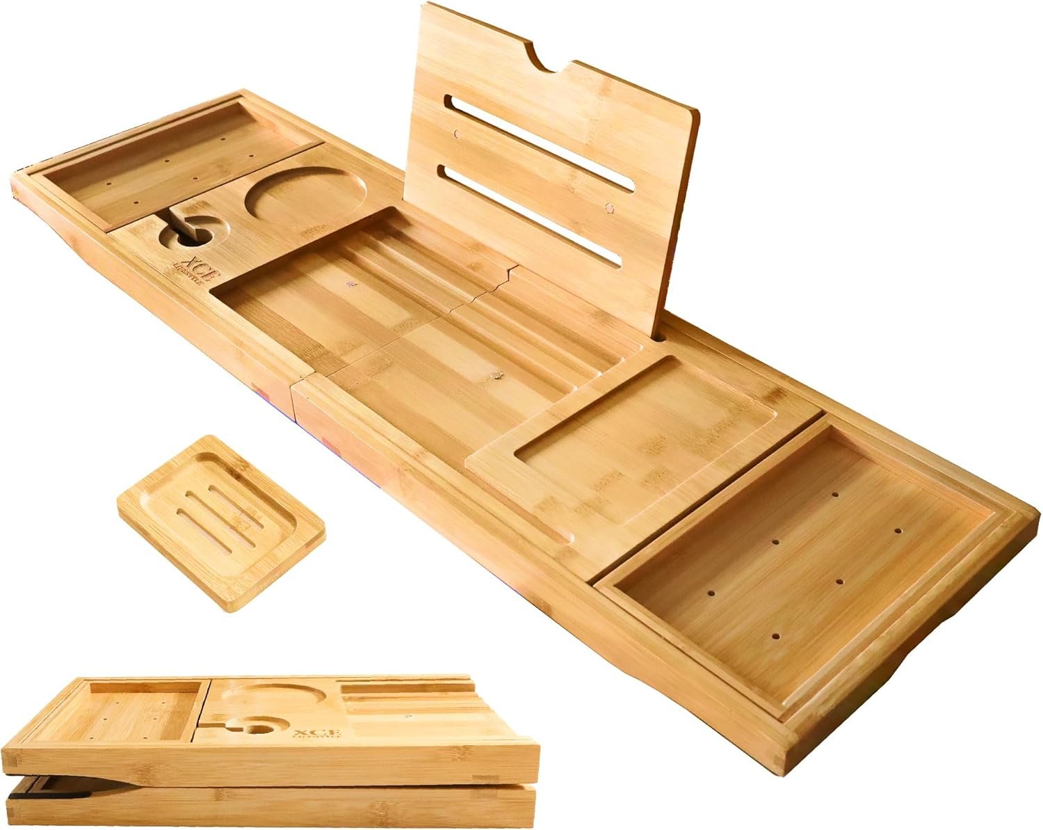 XcE Foldable Bamboo Bathtub Caddy Tray – Expandable to 41 Inches with Non-Slip Pads & Book Stand for Couples Luxury Bath