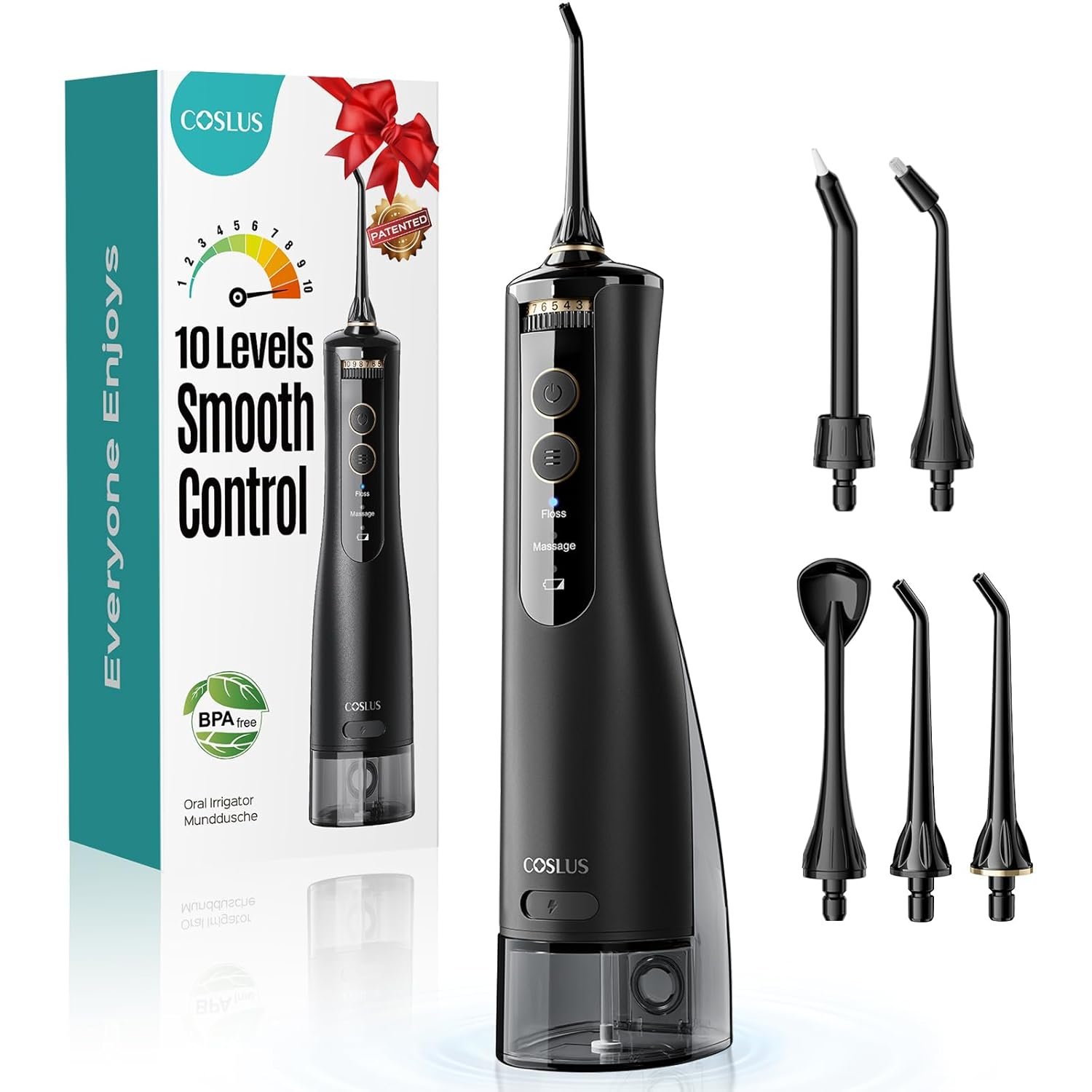 COSLUS E40 Portable Water Flosser for Teeth: ADA Accepted, 10 Pressure Settings Professional Water Dental Pick for Orthodontic, Braces & Sensitive Gums – Cordless for Travel Use, for Teens, BPA-Free