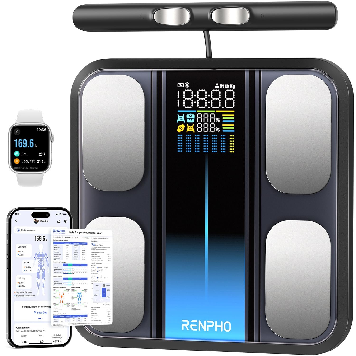 RENPHO Smart Scale for Body Weight, FSA&HSA Eligible, 8-Electrode Digital Bathroom Scale with BMI Body Fat Muscle Mass, Body Composition Analyzer, Larger Platform, MorphoScan Base
