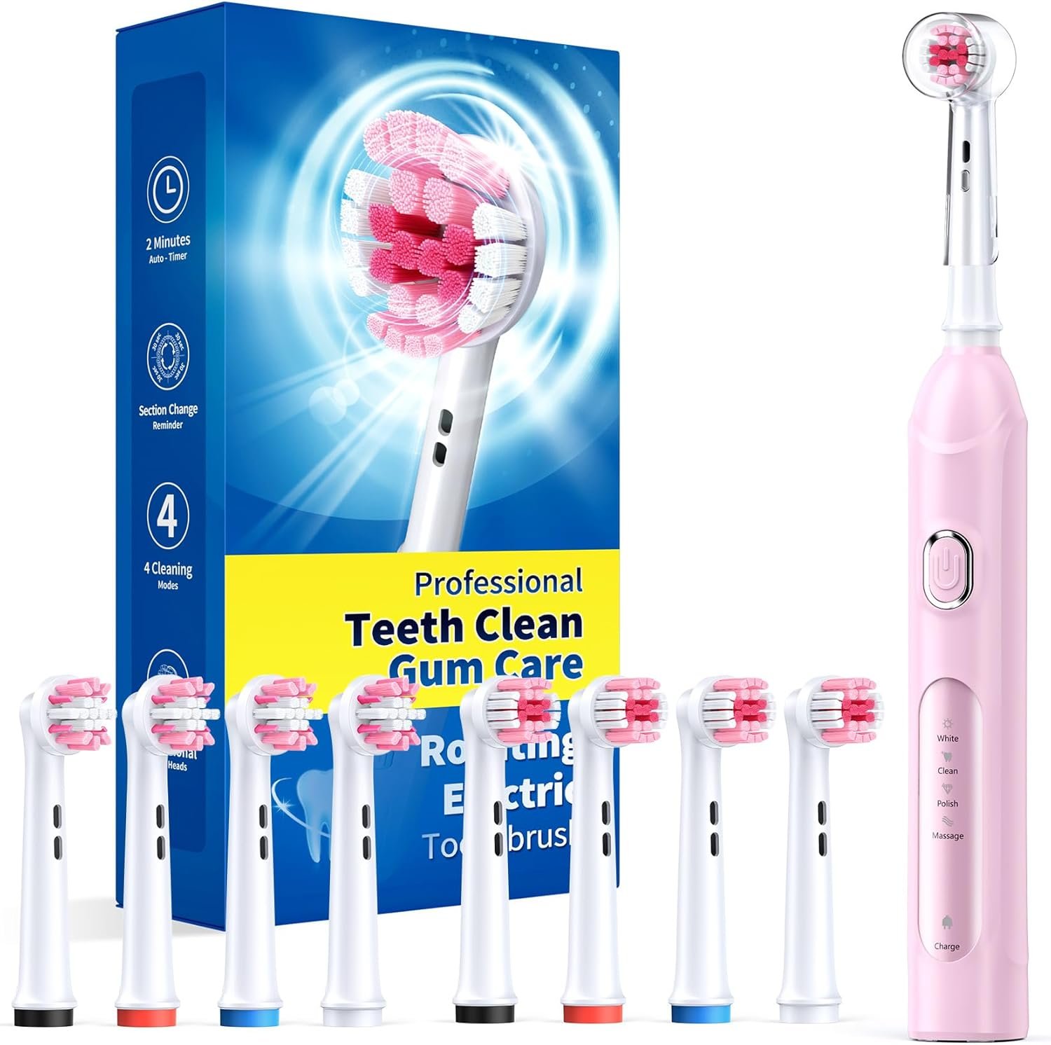 TEETHEORY Rotating Electric Toothbrush for Adults with 8 Brush Heads (2 Types), 4 Modes Deep Clean Electric Toothbrush with Rechargeable Power and 2 Min Smart Timer Blompink