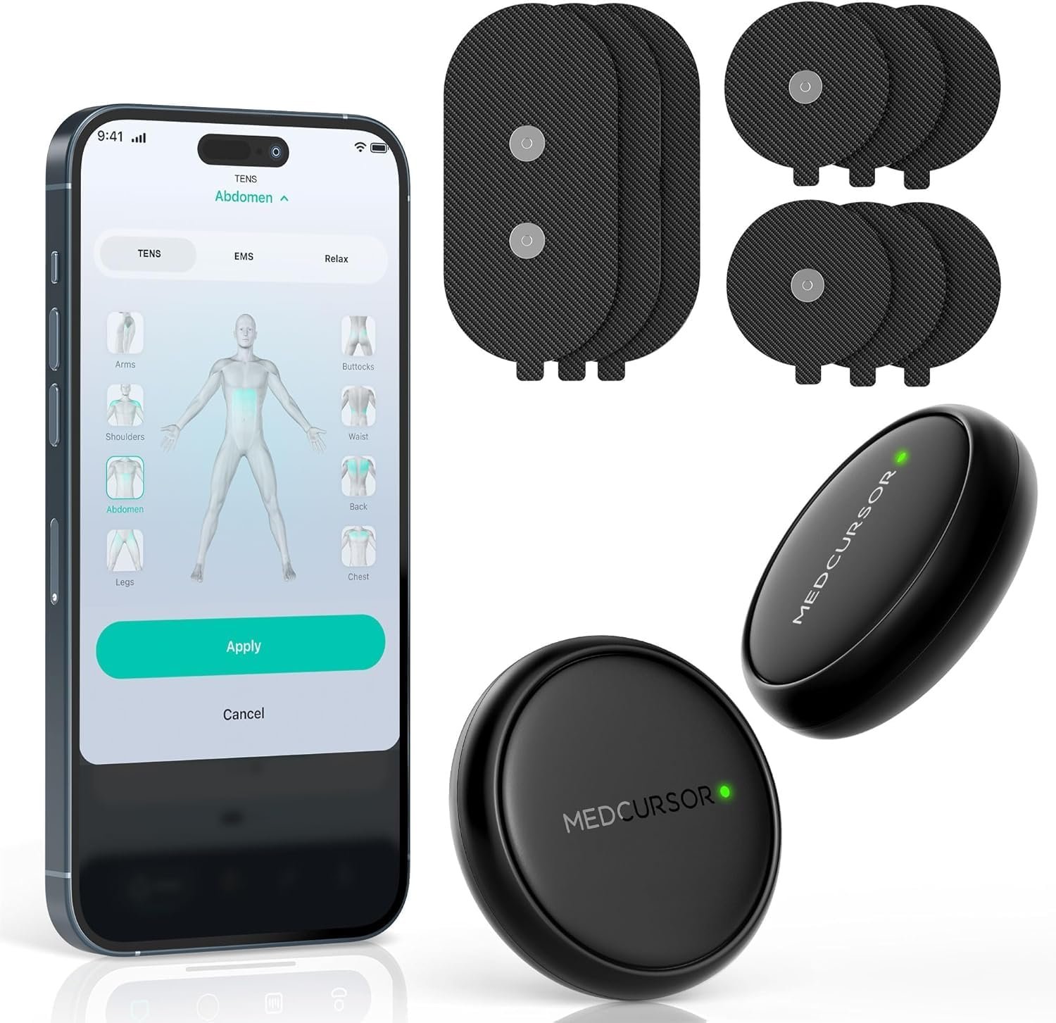 Medcursor TENS Unit Muscle Stimulator – Wireless 3-in-1 Dual-Channel EMS Machine with App Control & Session Memory, 8 Target Areas, Designed for Back Pain Relief