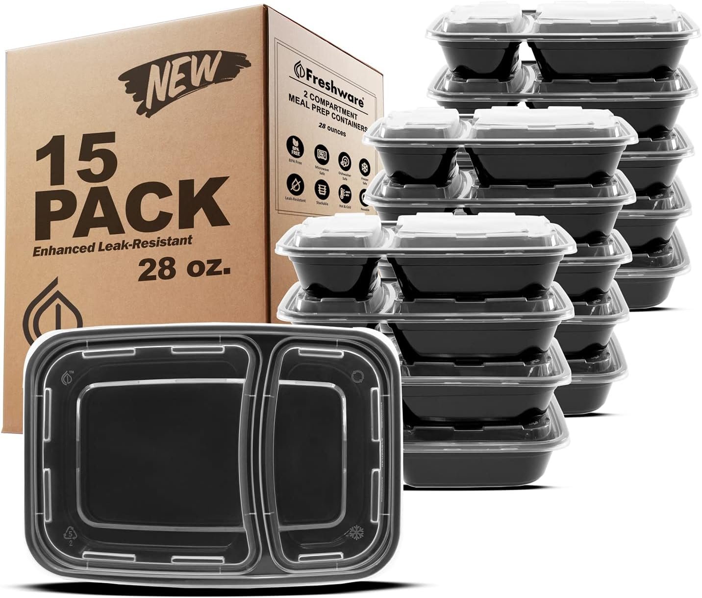 Freshware Meal Prep Containers with Lids 28 oz [15 Pack] 2-Compartment Food Storage Containers, Bento Box Lunch Containers, BPA Free, Airtight, Stackable, Reusable, Microwave/Dishwasher/Freezer Safe