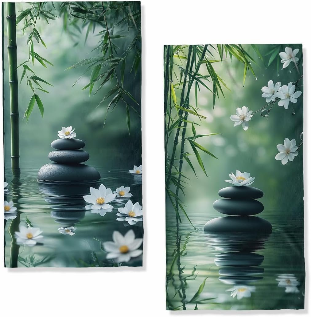 Zen Hand Towels Set of 2, Absorbent Green Bamboo Stones White Flowers Meditation Bathroom Kitchen Towels, Lightweight Breathable Face Towels for Bathroom Gym Hotel
