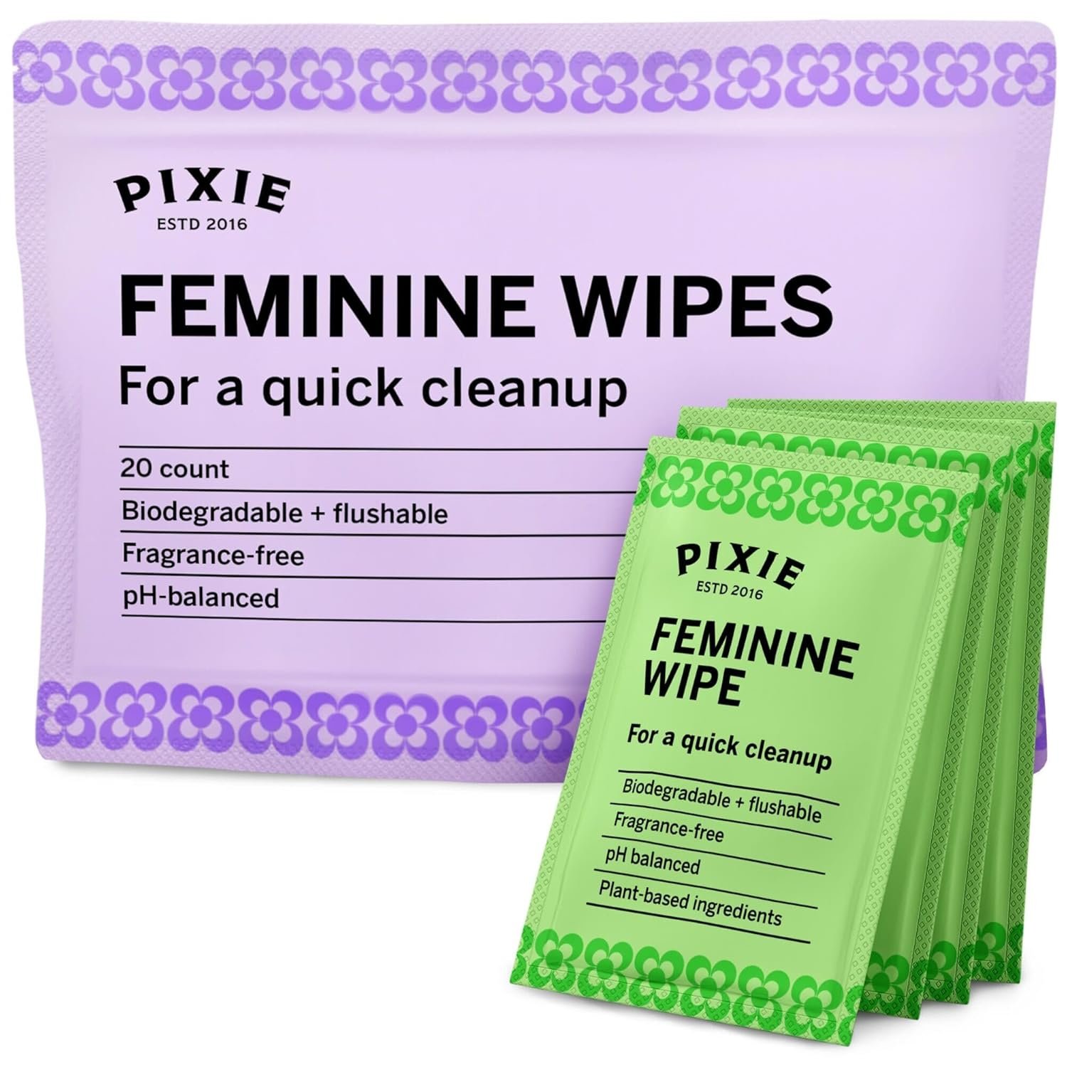 Pixie Feminine Wipes – Flushable, Biodegradable, & Ph Balanced – Individually Wrapped Packet Wipes for On The Go & Public Bathrooms – Wash & Cleaner For Your Menstrual Cups & Discs (1 Pack of 20)