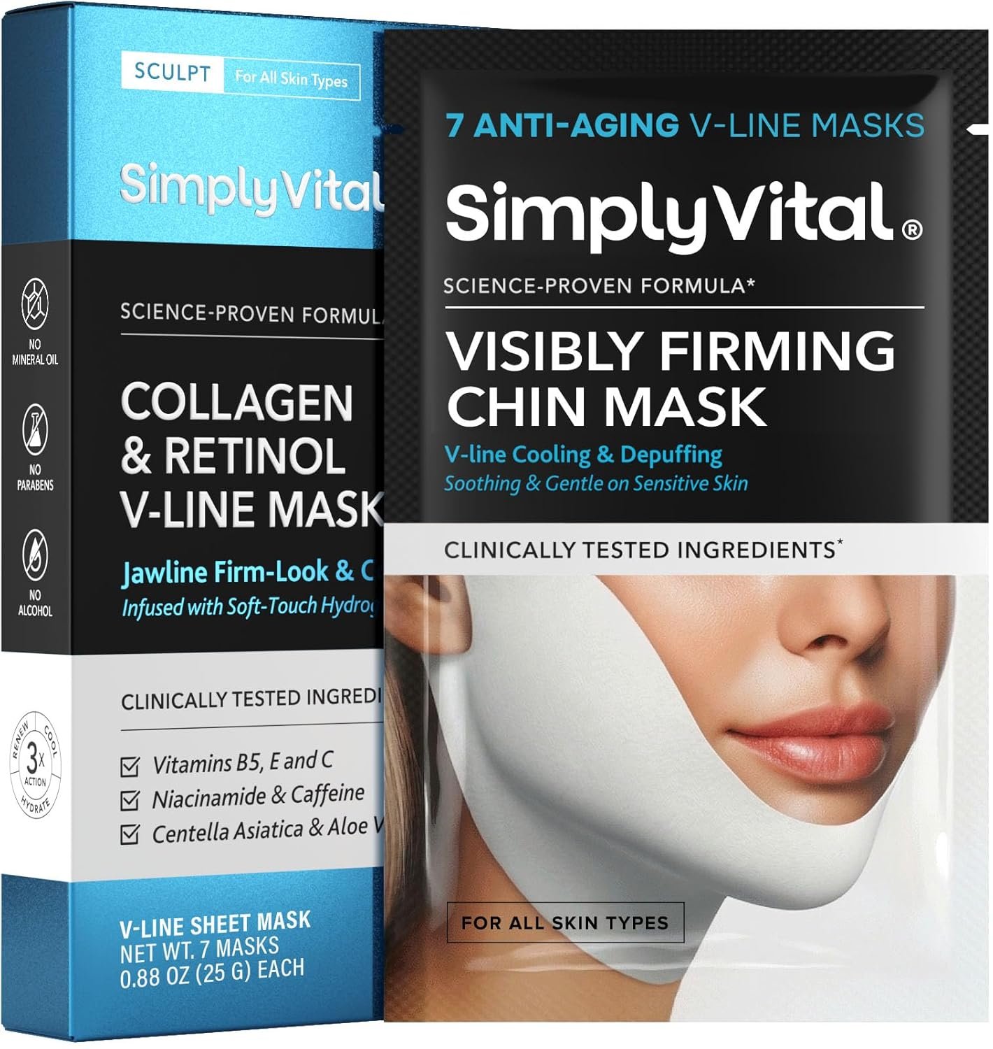 V Line Lifting Mask with Collagen, Retinol & Hyaluronic Acid – Caffeine, Niacinamide Visible Neck Tightening and Chin Lifting Mask for Women – Double Chin Strap for Face & Jawline Shaper – 7 pcs