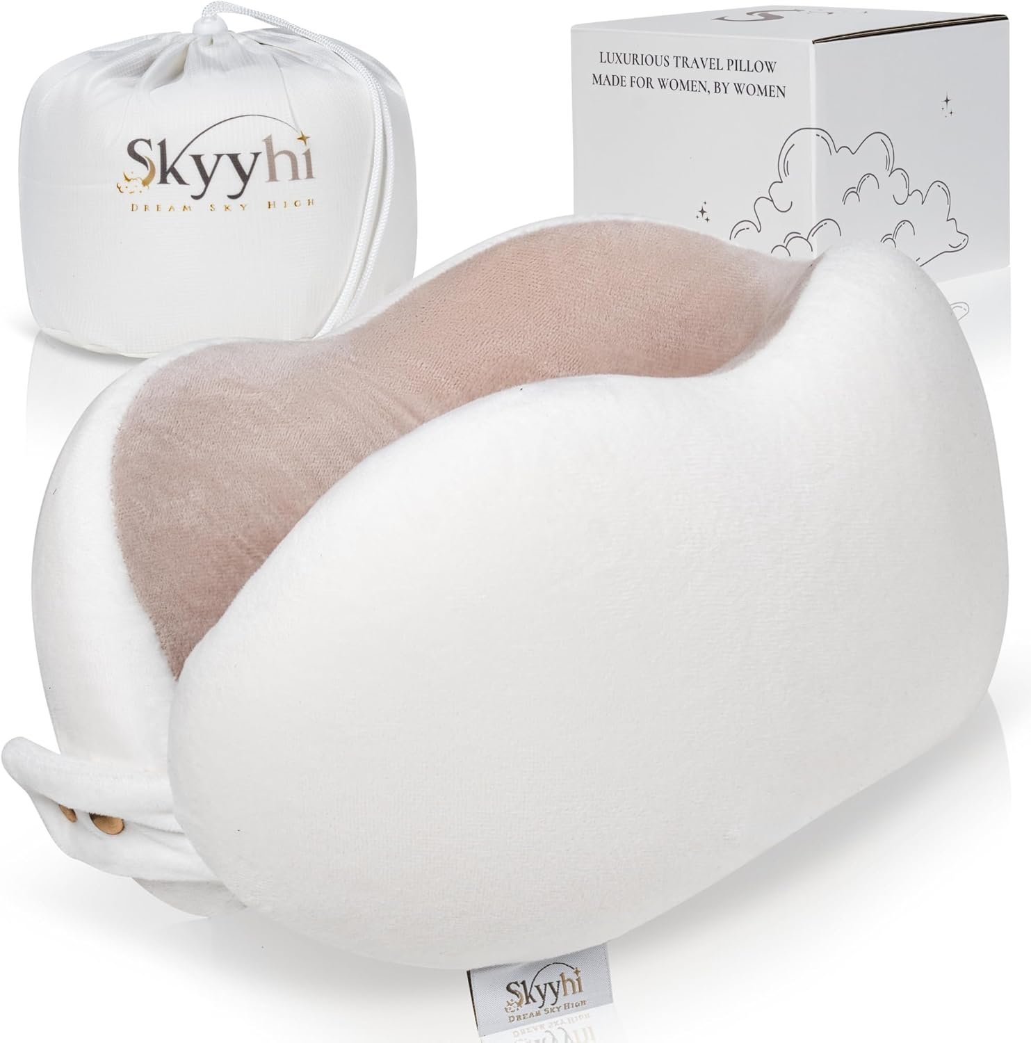 Women’s Small Fitted Neck Pillow for Traveling, Memory Foam Travel Pillow, Travel Neck Pillows for Airplanes, Travel Essentials for Flying, Plane Pillow in Taupe and White