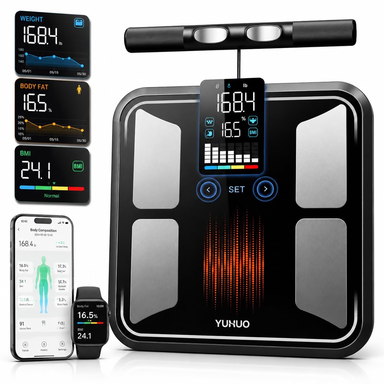 YUHUO Smart Scale for Body Weight, 8-Electrode Digital Bathroom Scale with BMI, Body Fat, Muscle Mass, Segmental Full Body Composition Analyzer, 28 Metrics Bluetooth App Sync, FSA&HSA Eligible