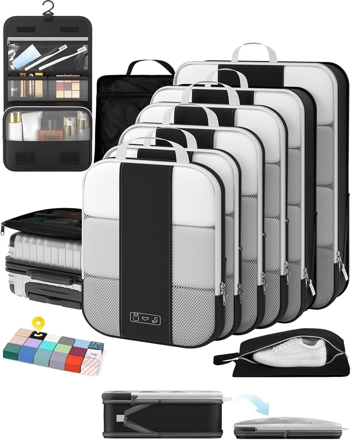 10 Set Compression Packing Cubes for Travel Essentials,Compressible Expandable Packing Cubes for Suitcase,OlarHike Luggage Garment Bags for Travel,Handy Helper for Organizing Clothes(Black)