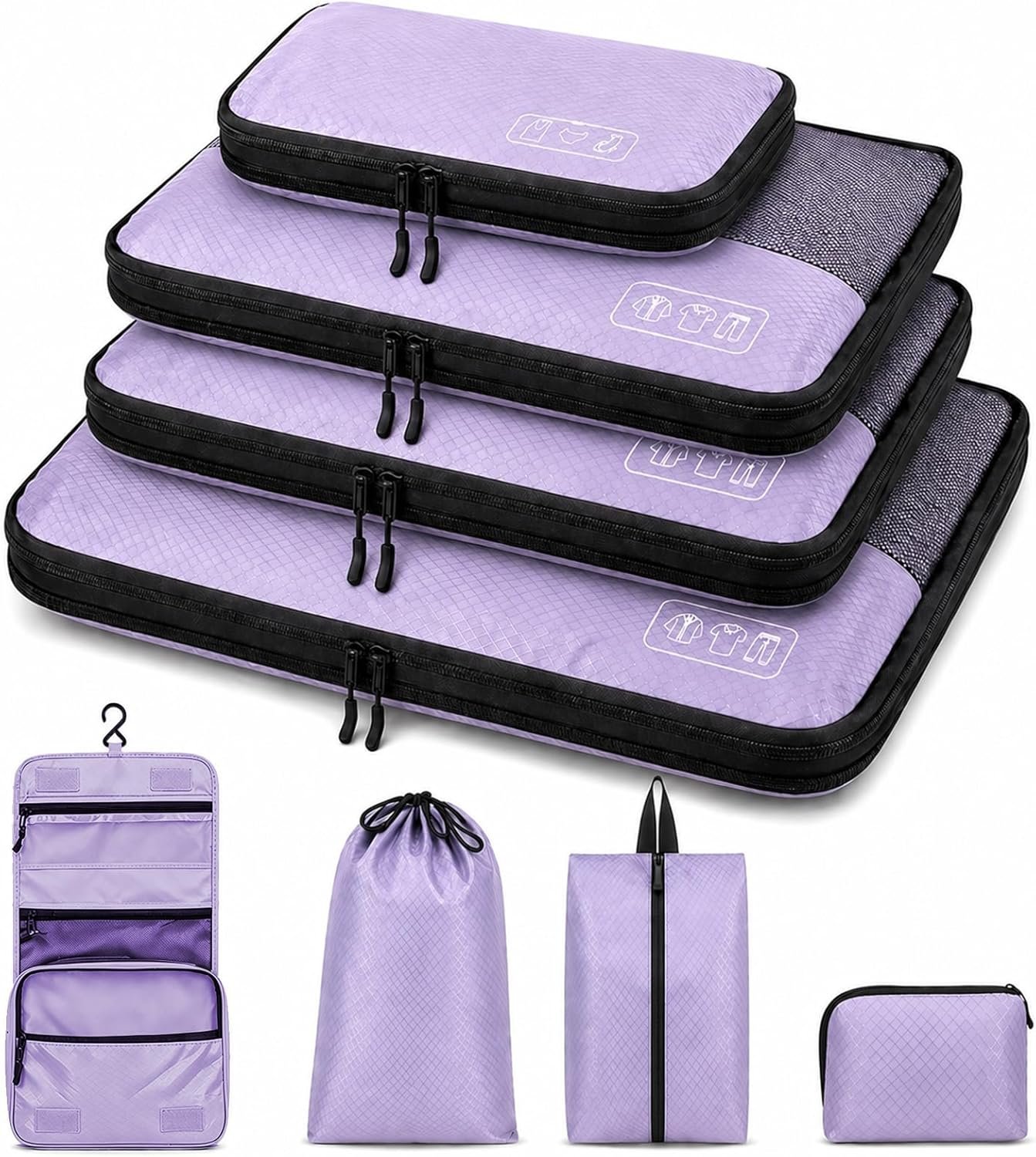 8-Piece Compression Packing Cubes for Travel, Elegant Ultralight Luggage Organizer Set for Women, Space Saving for Carry-On, Suitcase & Vacation Cruise Travel – Purple