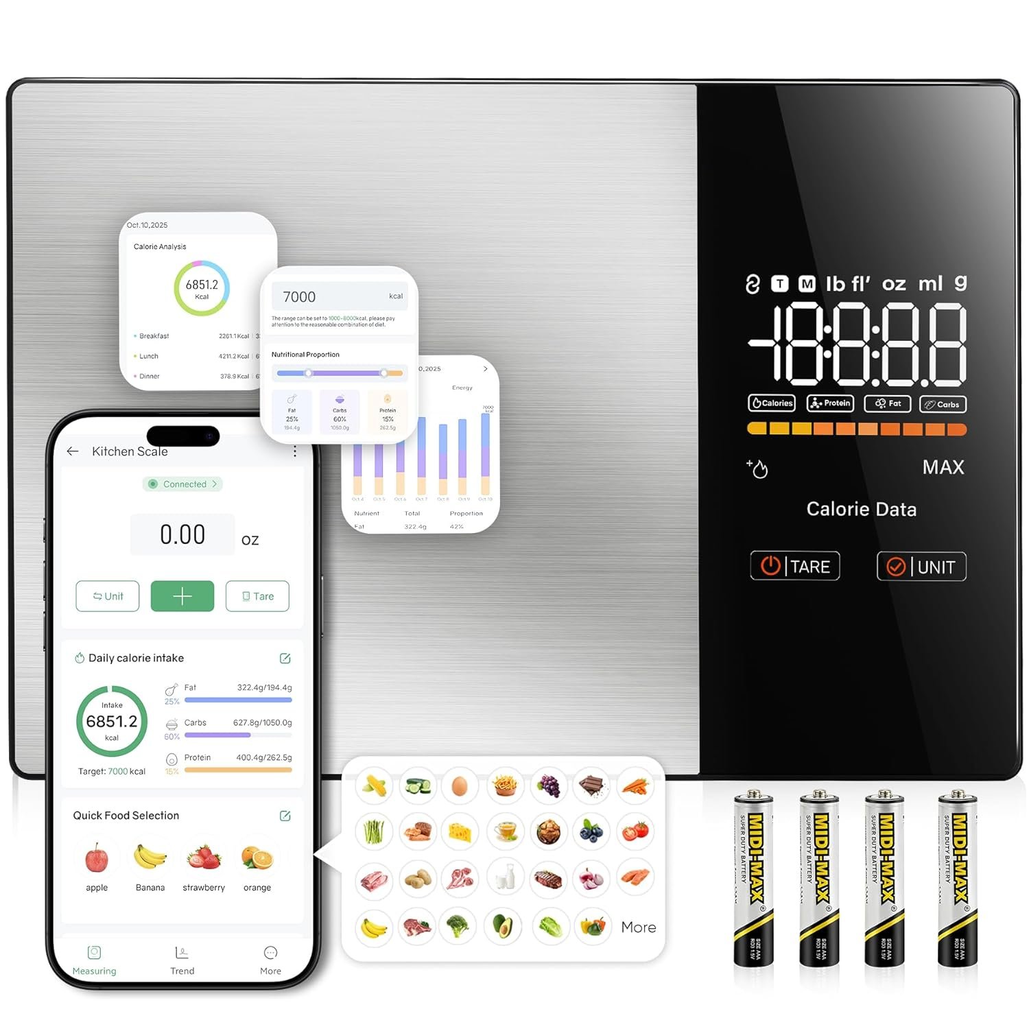 KUAIVO Smart Nutrition Food Scale with LED Display, Tracks Calories, Fat, Carbs & Protein via App, 1g Precision Digital Kitchen Scale for Healthy Eating & Meal Prep