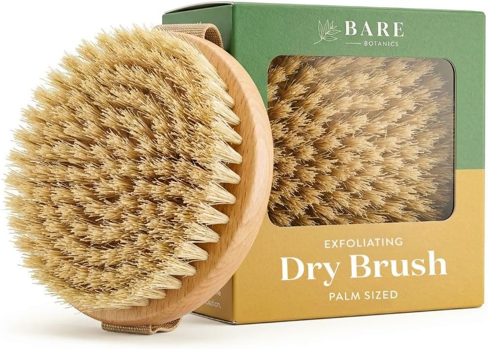 Bare Botanics Dry Body Brush for Lymphatic Drainage – Improve Circulation w/Gentle Exfoliation for Soft Skin – Ergonomically Designed w/Elastic Strap – Soft but Firm Natural Boar Bristles