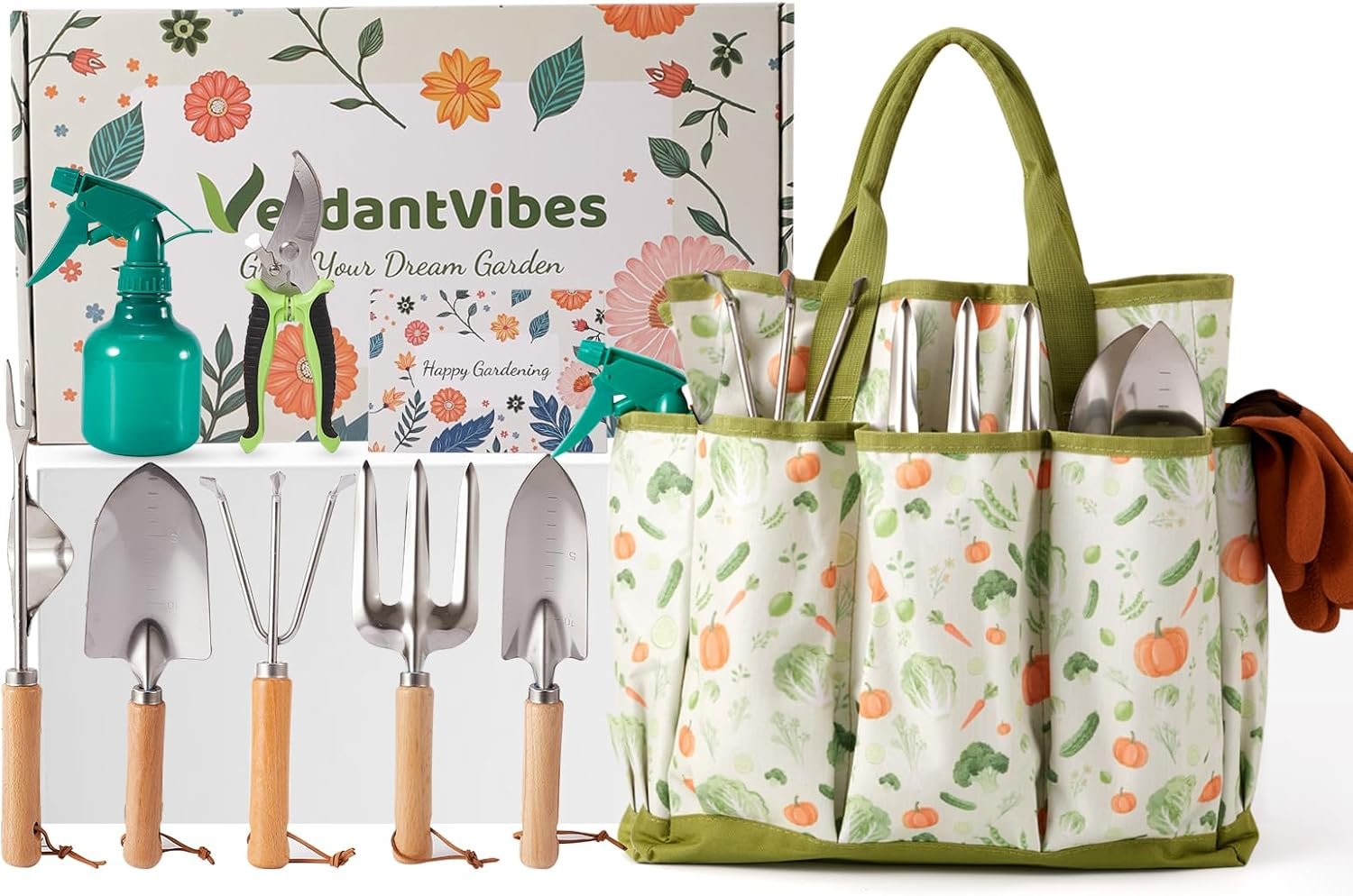 VerdantVibes 10-Piece Garden Tool Set – Heavy Duty Stainless Steel Gardening Kit with Wood Handle, Pruners & Vegetable Print Tote Bag – Unique Gardening Gifts for Women Mom Grandma