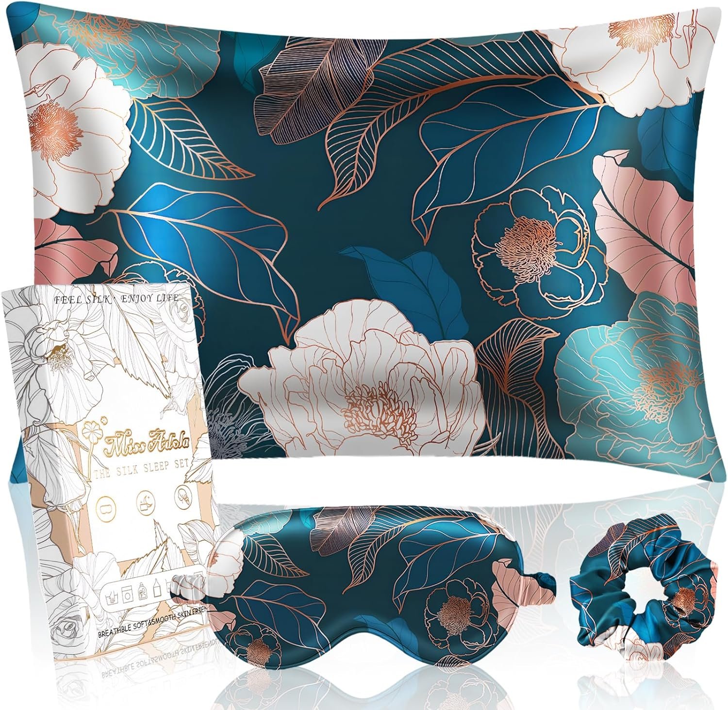 Miss Adola Mulberry Silk Pillowcase Set – 19 Momme Cooling Silk Pillow Case with Eye Mask & Scrunchie, Standard 26″x20″, for Hair and Skin, Curly Hair, Women & Moms, Dark Blue Peony