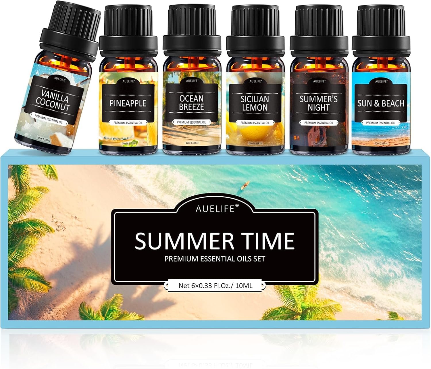 Auelife Summer Essential Oils Set for Diffuser, 6 x 10ml Tropical Essential Oils Collection for Home Fragrance, Aromatherapy & Candle Making, Coconut, Pineapple, Beach Breeze, Lemon & Summer Night